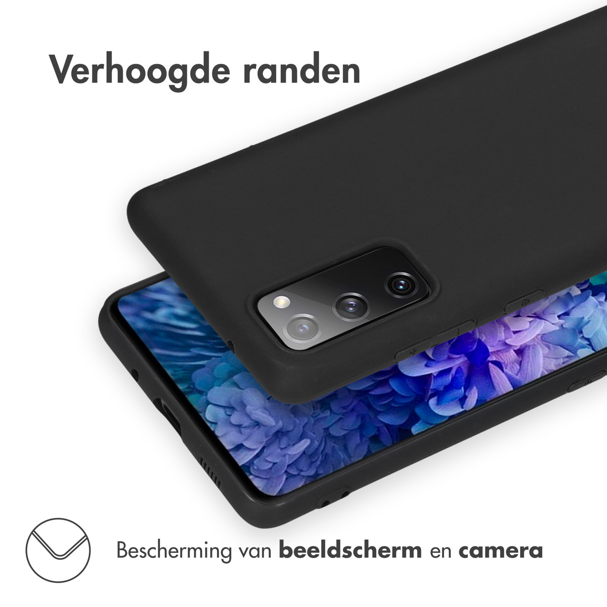Zwarte telefoonhoes op een telefoon. De hoes beschermt het scherm en de camera.