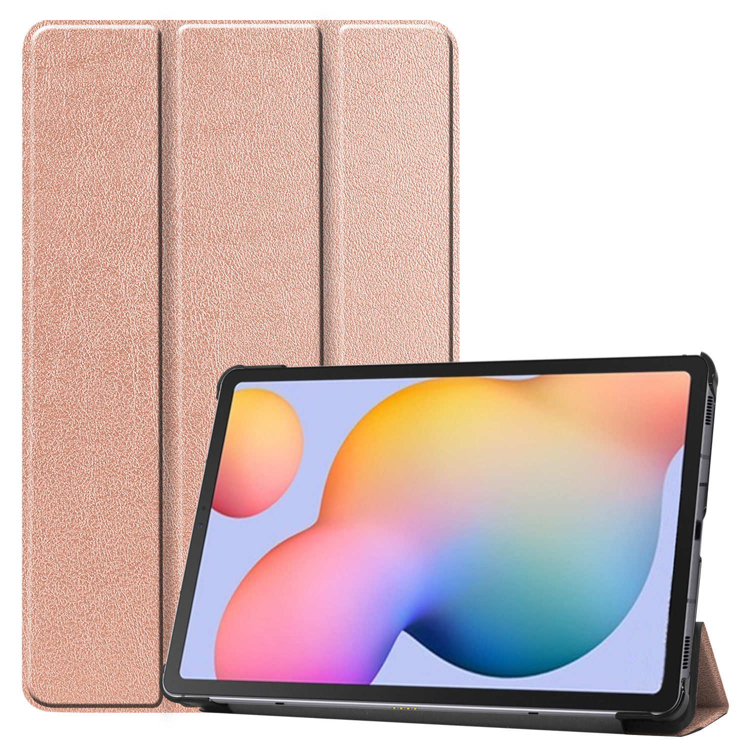 Tablet in een hoes. De hoes is roze. De tablet heeft een kleurrijk scherm. De hoes is open.