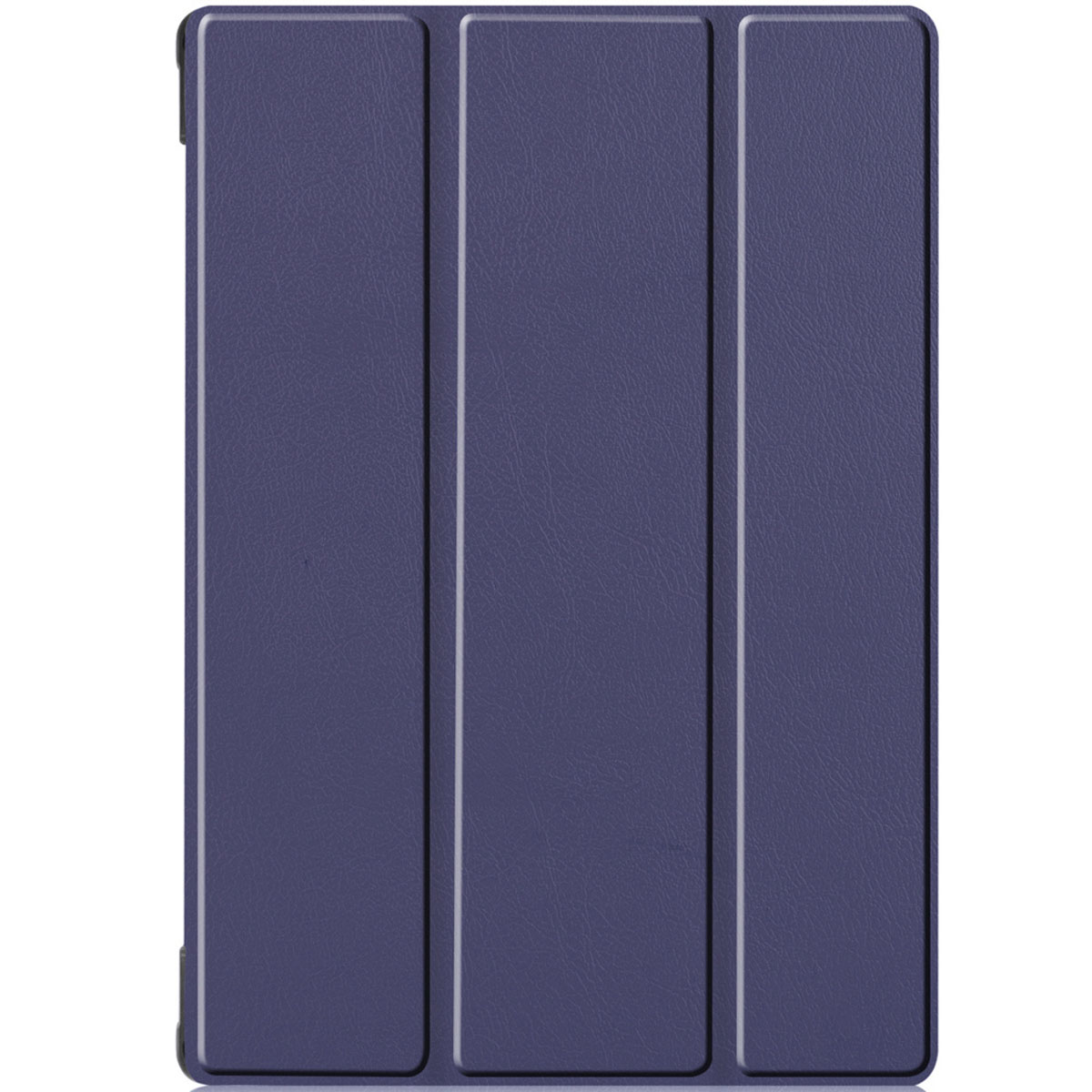 Closed blue tablet case with three vertical strips on the front.
