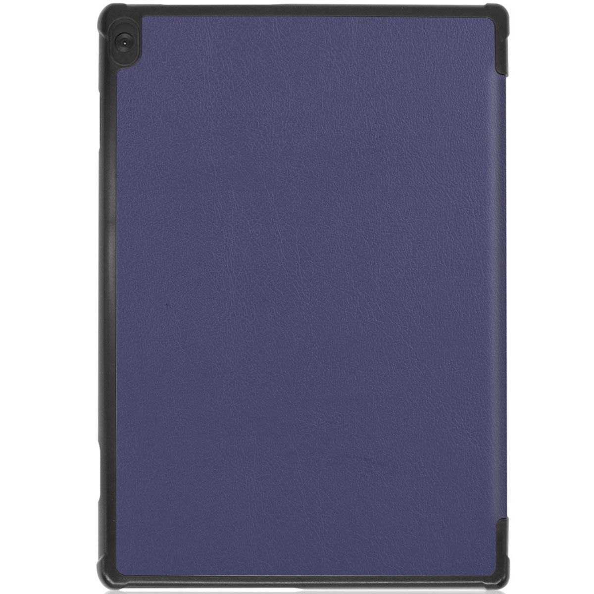 Blue tablet cover. The tablet is inside, with a dark blue leather-like exterior.