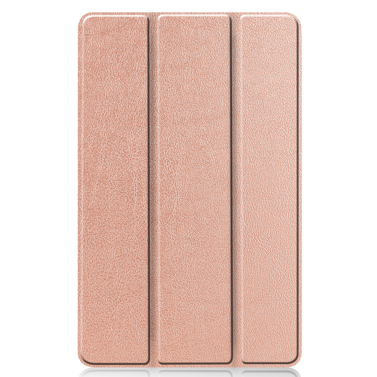 Een gesloten, lichtroze tablet hoes met drie verticale vouwen.