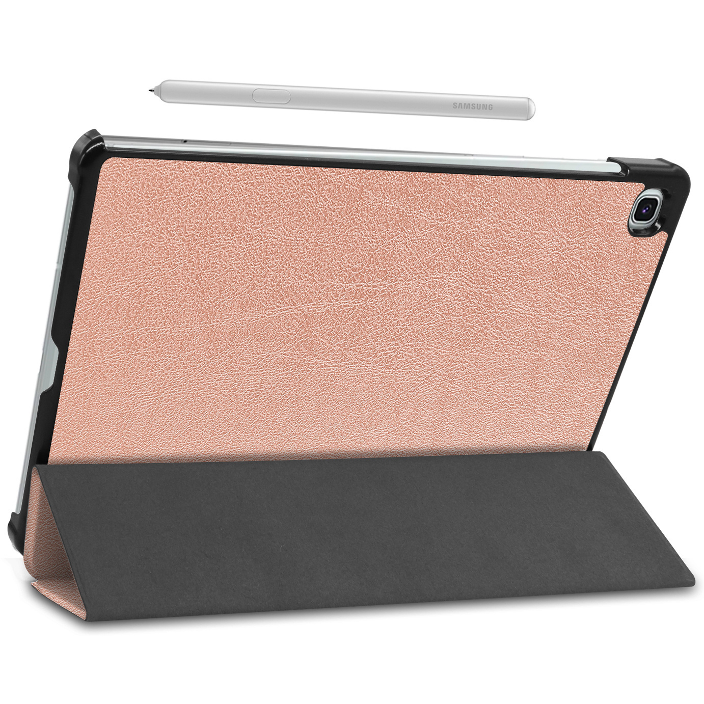 Tablet met roze hoes. Stylus erboven. Zwarte en grijze standaard.
