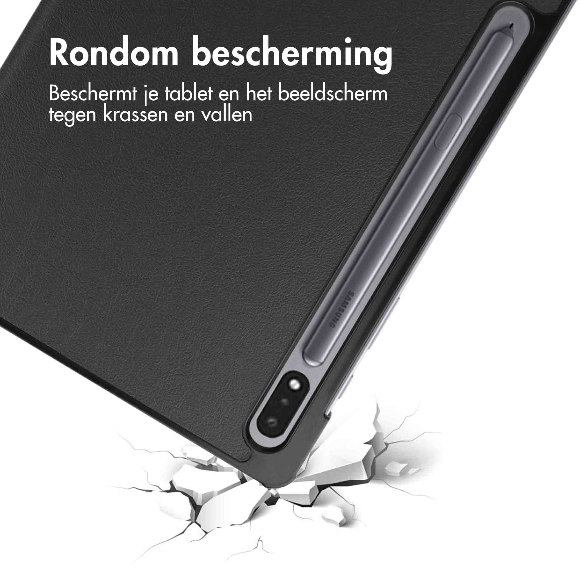 Zwarte tablethoes met pen. Het toont bescherming tegen krassen en vallen.