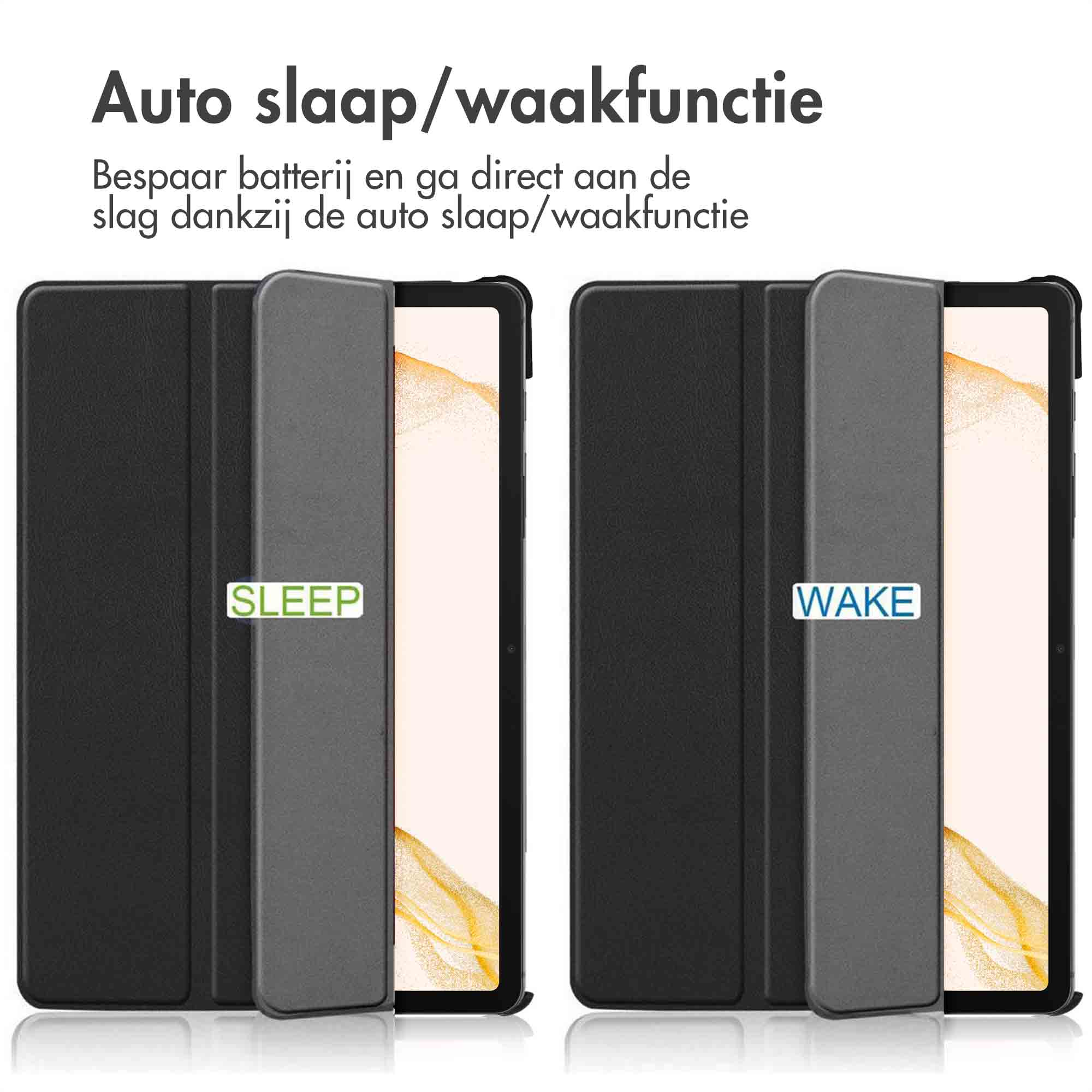 Tablethoes met automatische slaap/waakfunctie. Toont het openen en sluiten van de hoes met de labels 'SLEEP' en 'WAKE'.