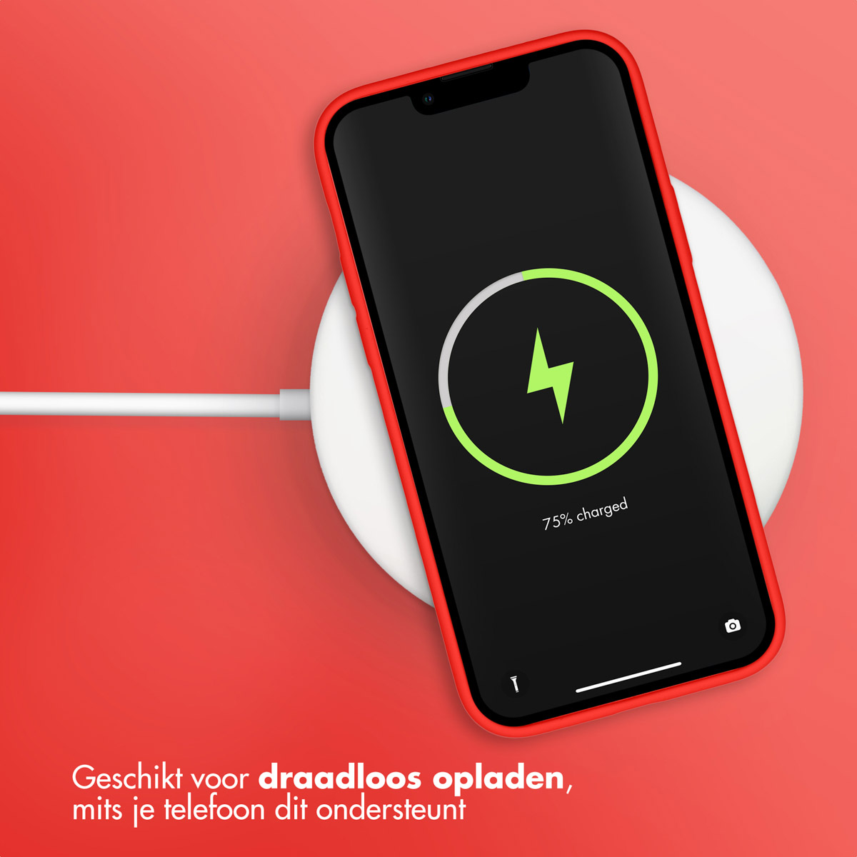 Ein rotes Telefon wird kabellos aufgeladen. Der Telefonbildschirm zeigt ein Ladesymbol mit 75 %.