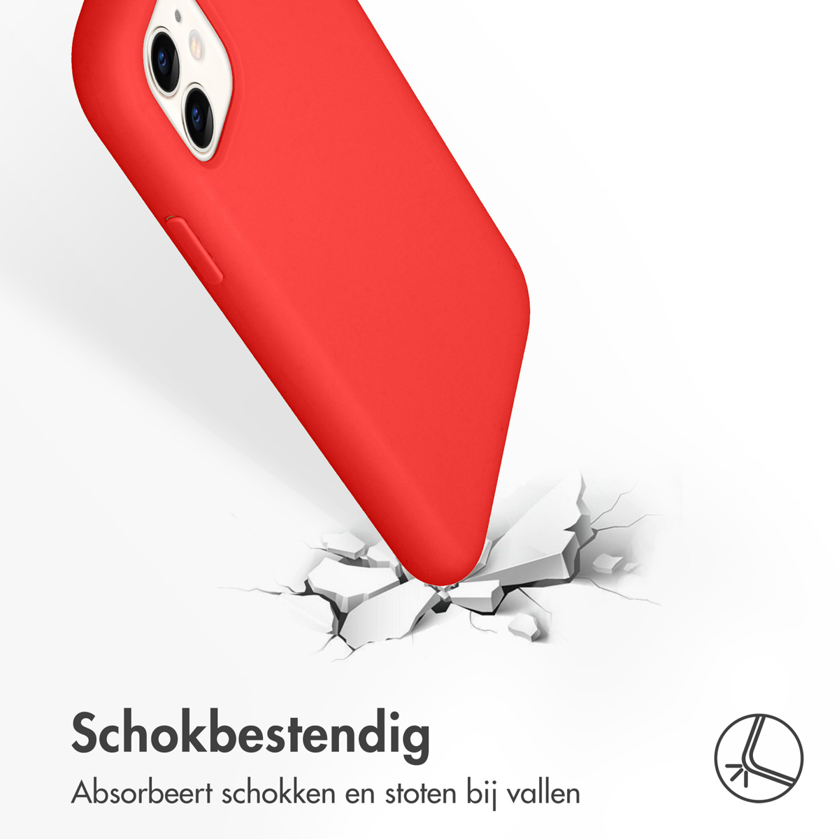 Eine rote Handyhülle auf einer Oberfläche mit Rissen. Text: Stoßfest. Absorbiert Stöße bei Aufprall.
