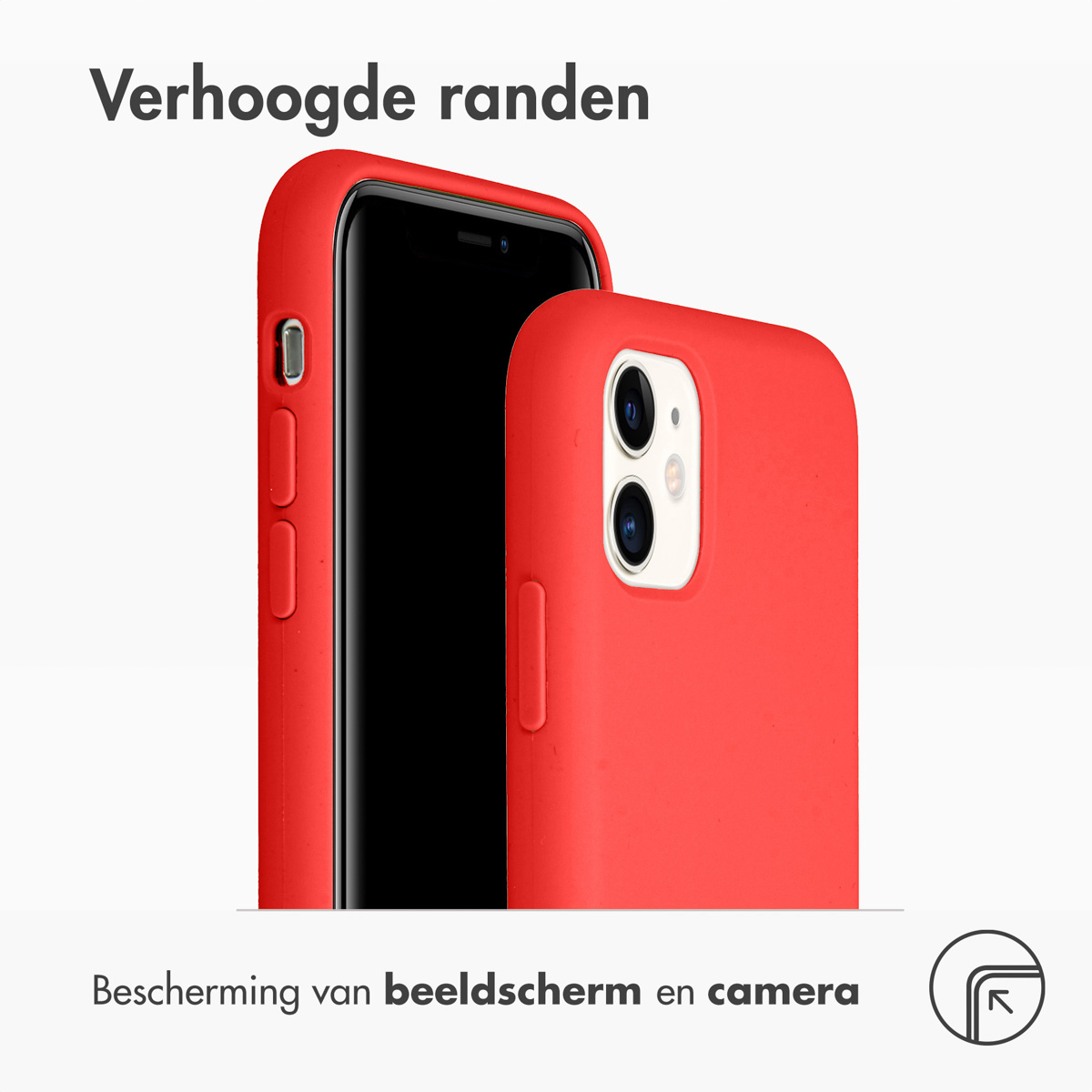 Zwei rote Handyhüllen nebeneinander. Text: Erhöhte Kanten. Schützt Bildschirm und Kamera.