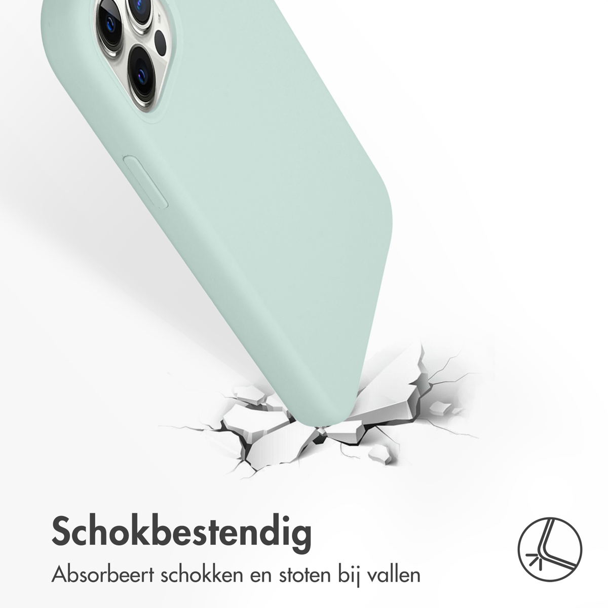 Mintgroene telefoonhoes valt op een oppervlak en breekt het.