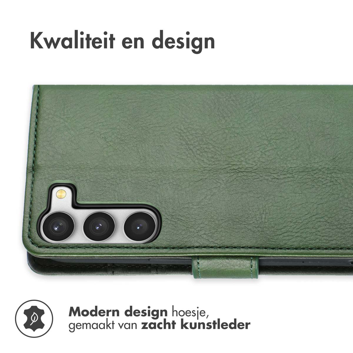 Groene telefoonhoes. De hoes heeft een modern design en is gemaakt van zacht imitatieleer. Drie camera's zijn zichtbaar.