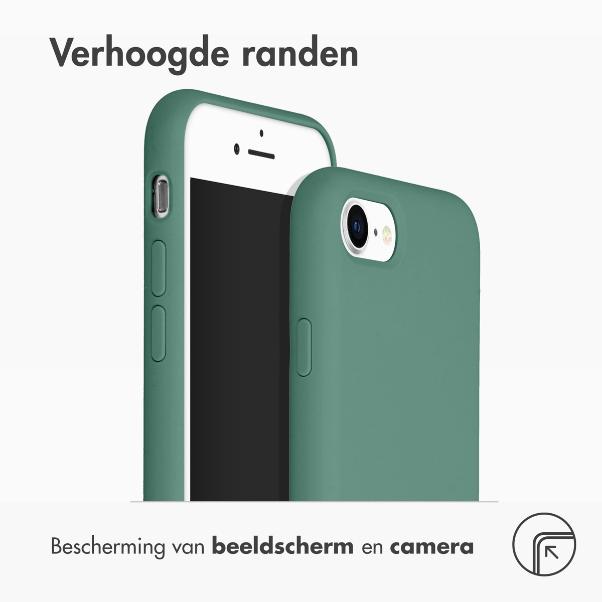 Groene telefoonhoes. Telefoon binnenin, met verhoogde randen, beschermt scherm en camera.