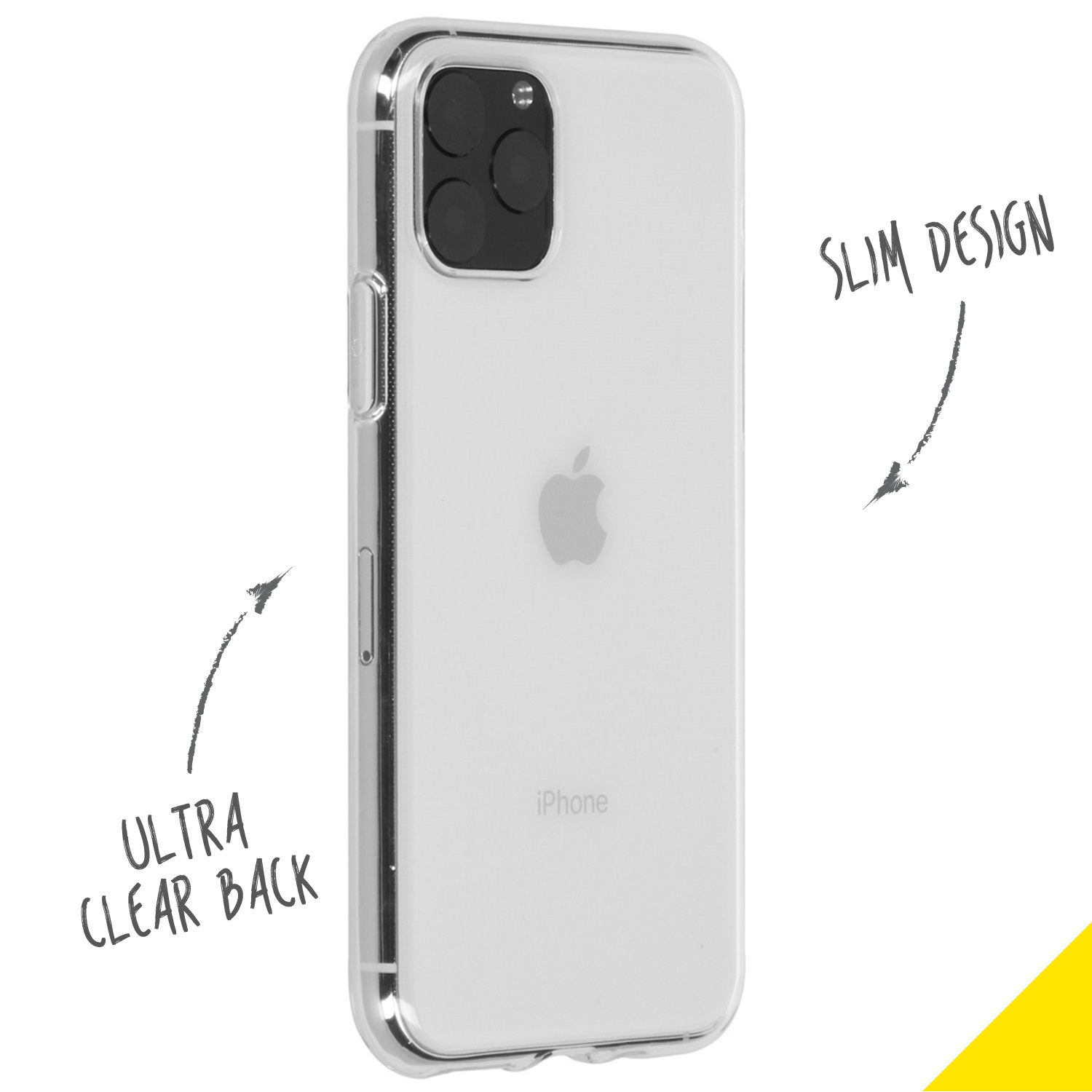 Clear iPhone case. Text says 'Ultra Clear Back' and 'Slim Design'. Apple logo visible.