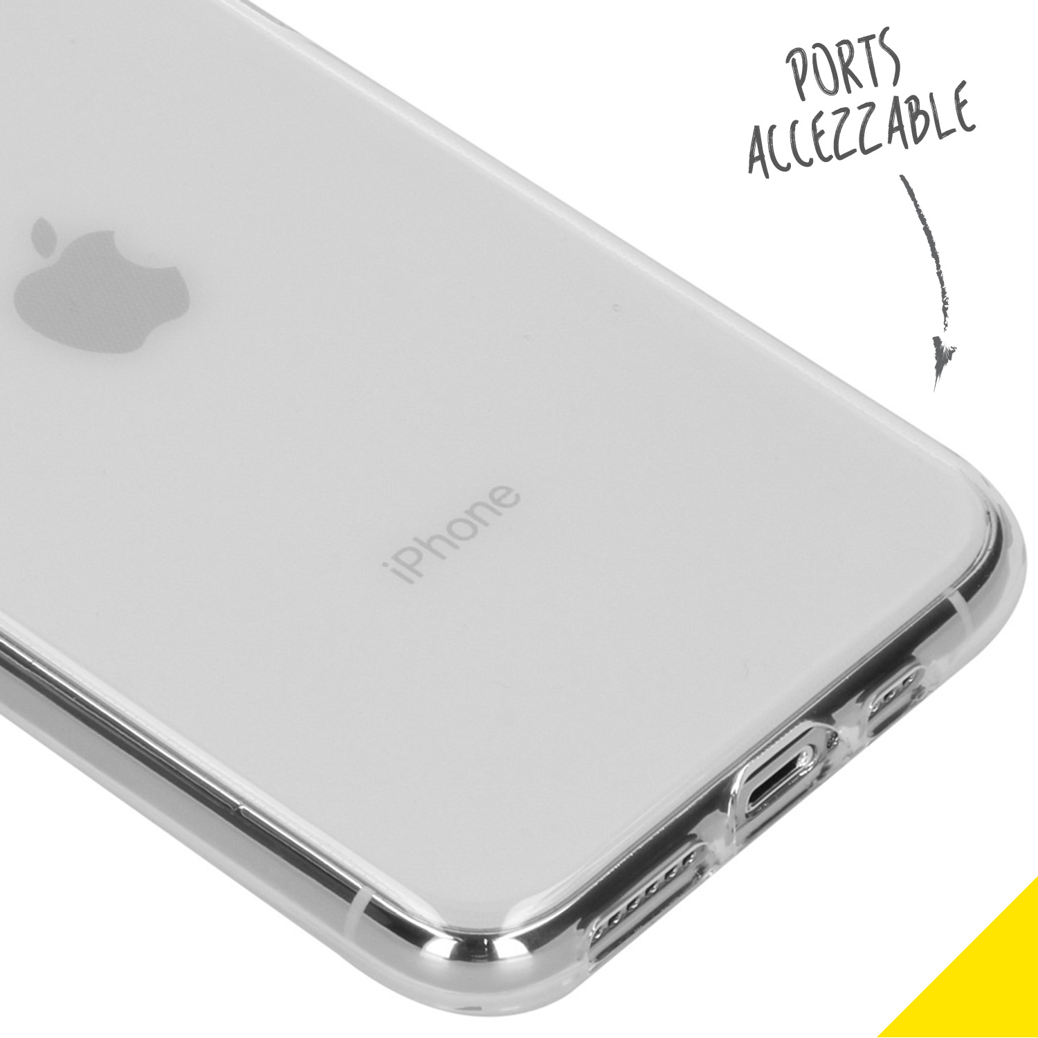 Clear iPhone case showing a phone's back. Ports are accessible. The iPhone logo is visible.