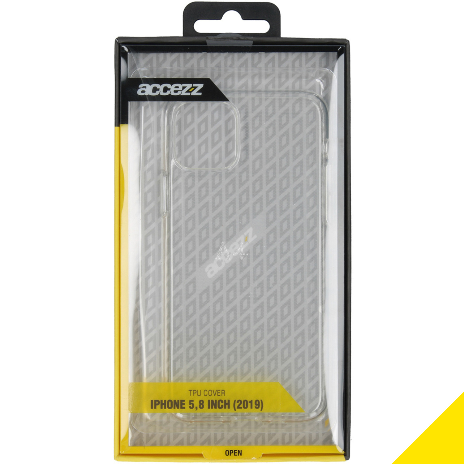 A clear phone case in packaging. The case is see-through with a design of small diamond shapes.