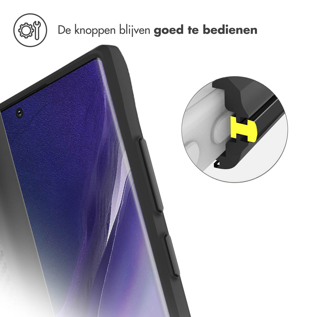 Close-up van een telefoon in een zwarte hoes. Knoppen blijven toegankelijk. Geel detail zichtbaar in de uitsparing.