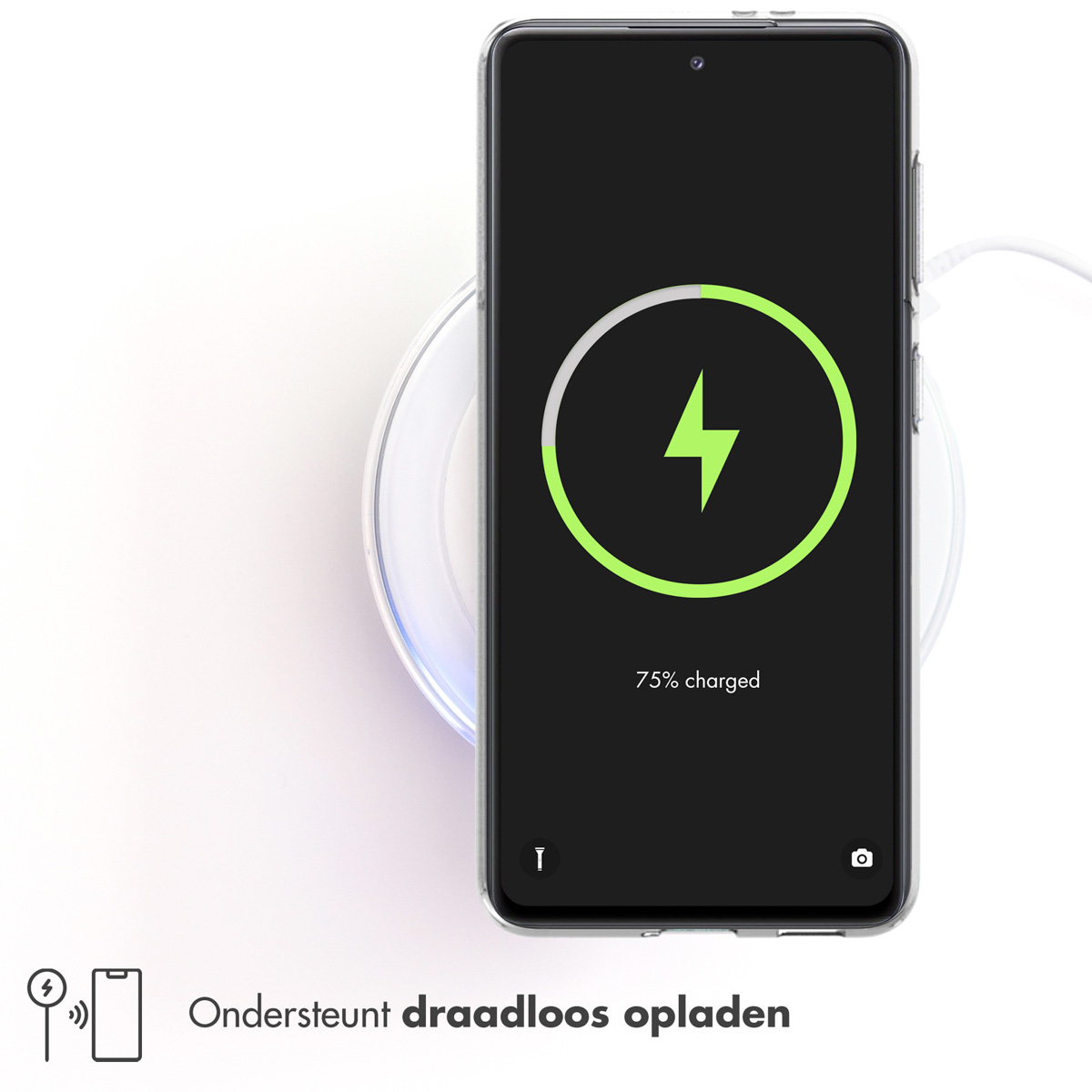 Phone charging wirelessly. The phone shows 75% charged on the screen. A green lightning bolt is visible.