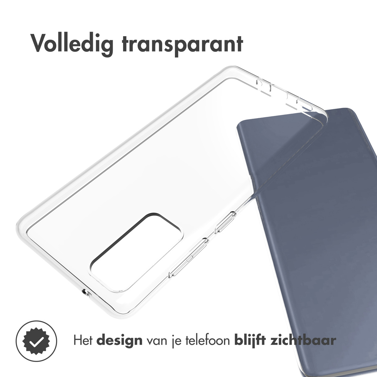 Clear phone case on dark surface. Text says design is still visible.