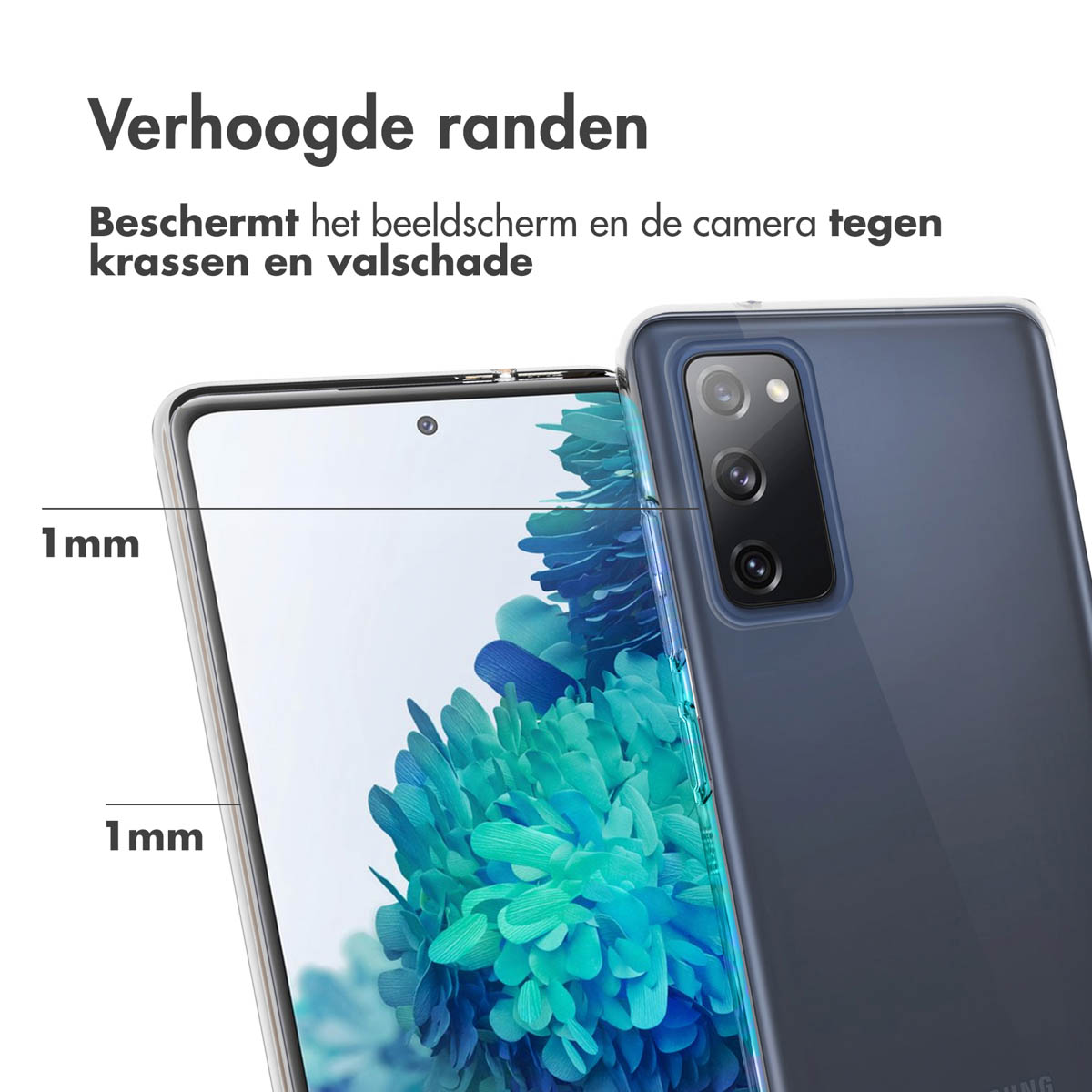 Een telefoon in een doorzichtige hoes. Tekst zegt 'Verhoogde randen' en 'Beschermt scherm en camera tegen krassen en schade'.