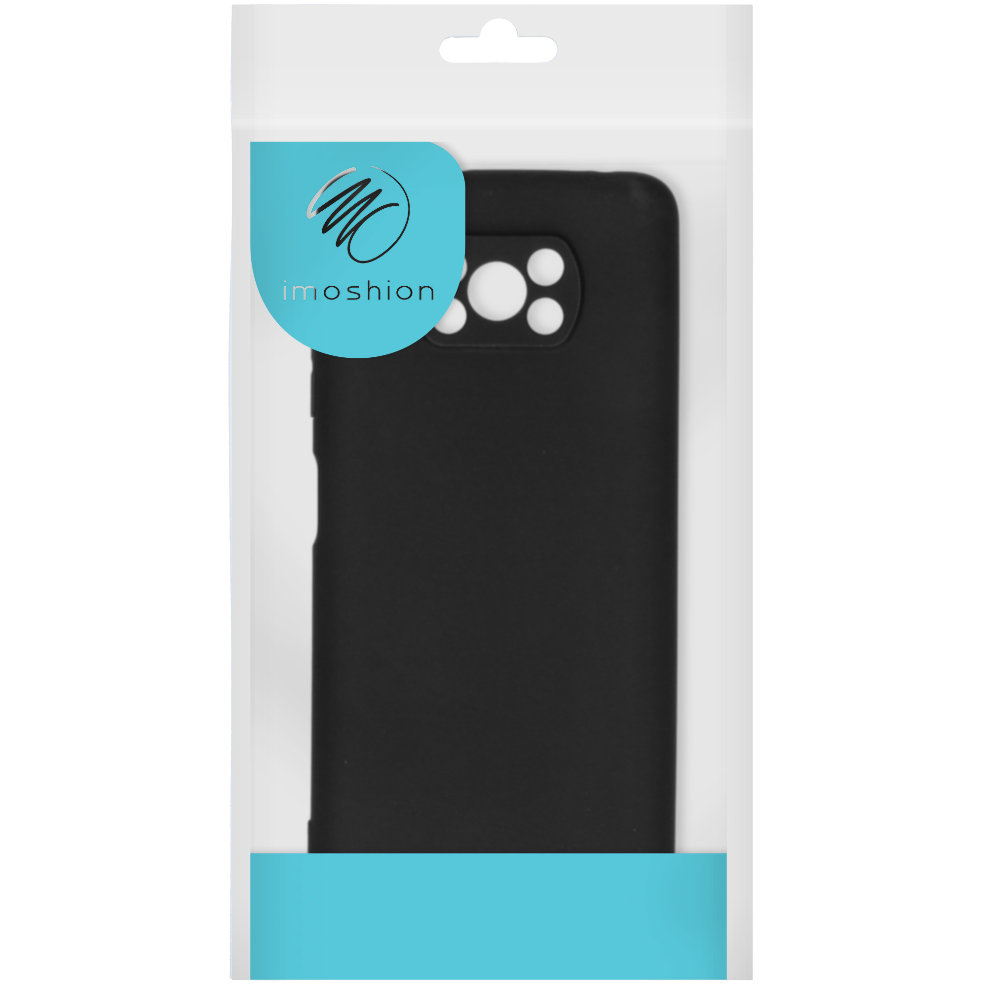 Zwarte telefoonhoes in een doorzichtige plastic verpakking. Met imoshion logo.