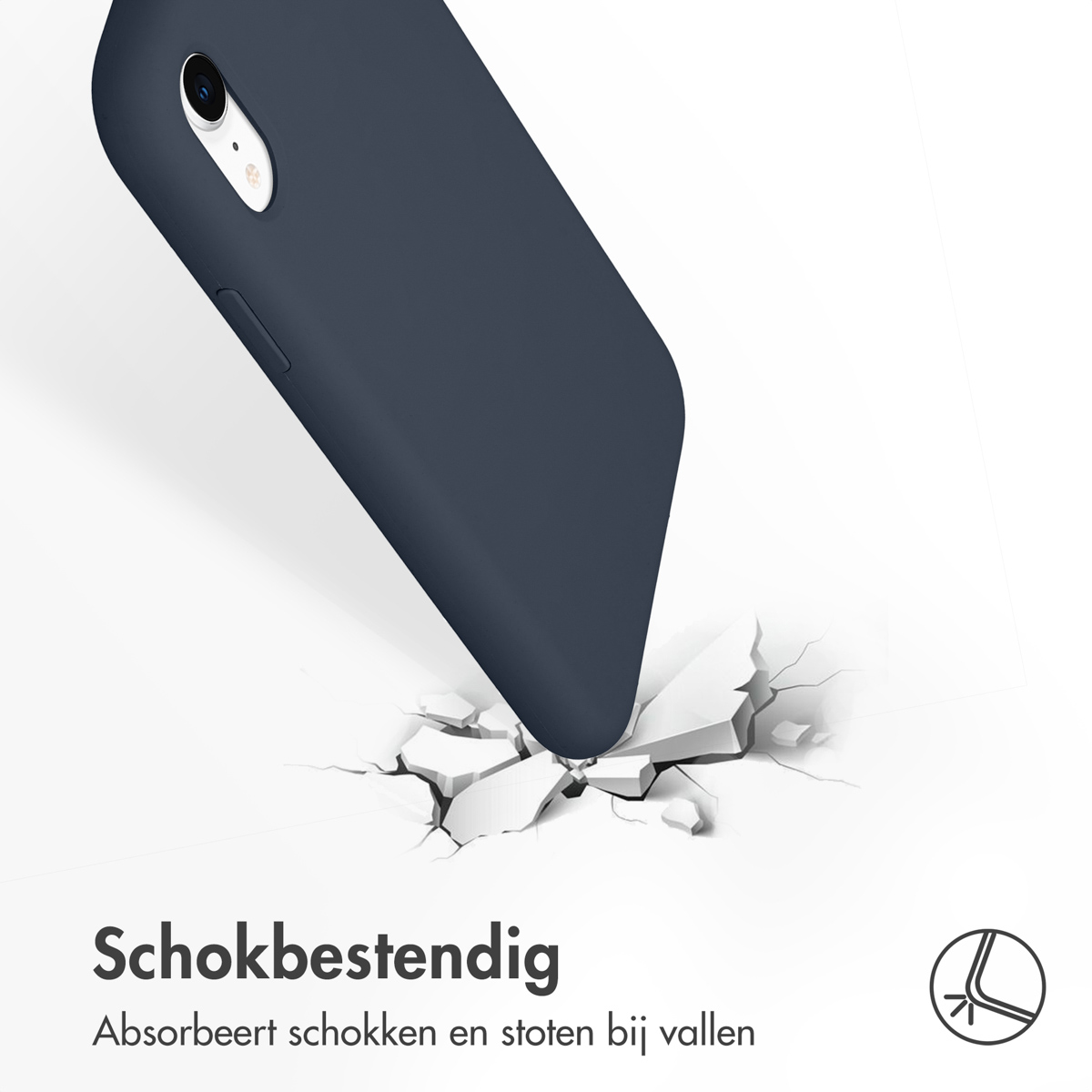 Donkerblauwe telefoonhoes, met een telefoon die valt en de vloer breekt, met de tekst 'Schokbestendig'.