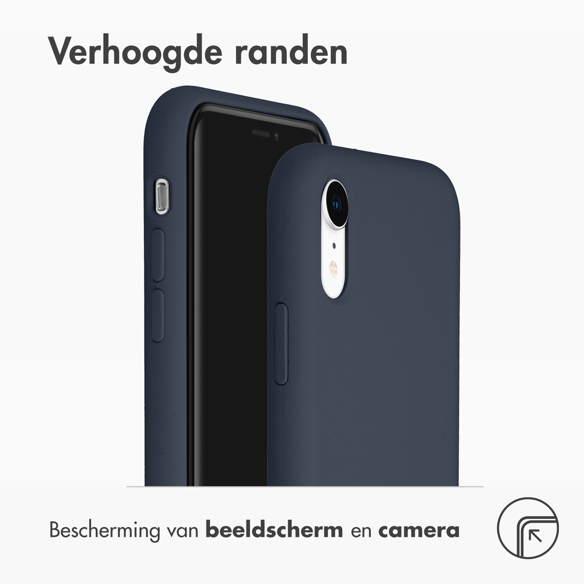 Marineblauwe telefoonhoes met verhoogde randen. Tekst: 'Bescherming van scherm en camera'.