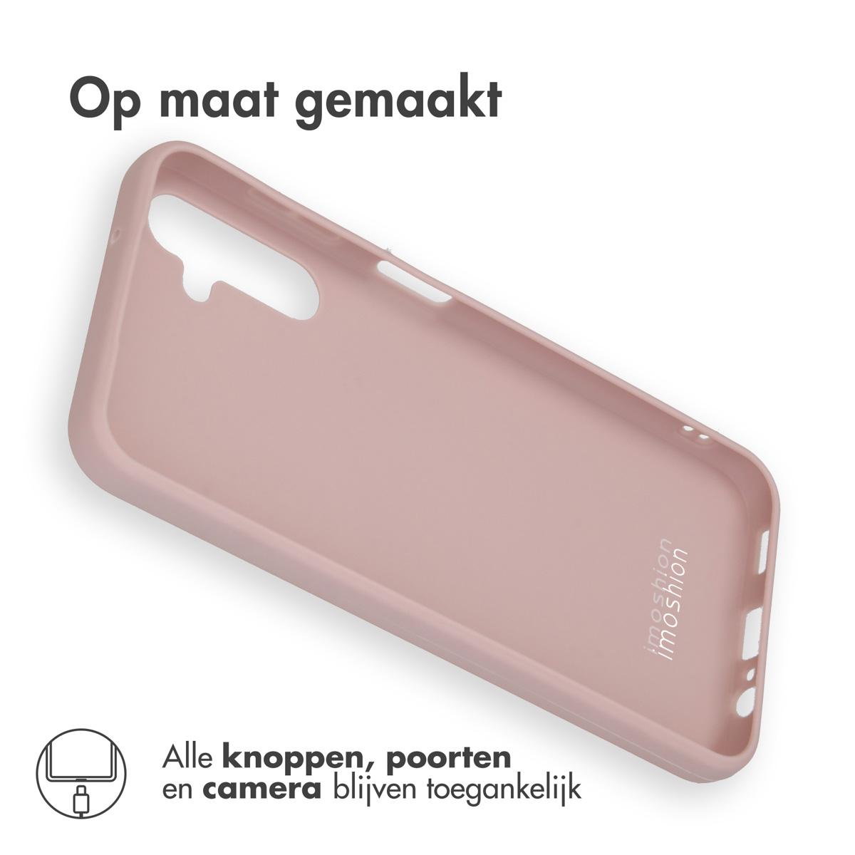 Roze telefoonhoes. De telefoonhoes is op maat gemaakt. Alle knoppen en de camera zijn toegankelijk.