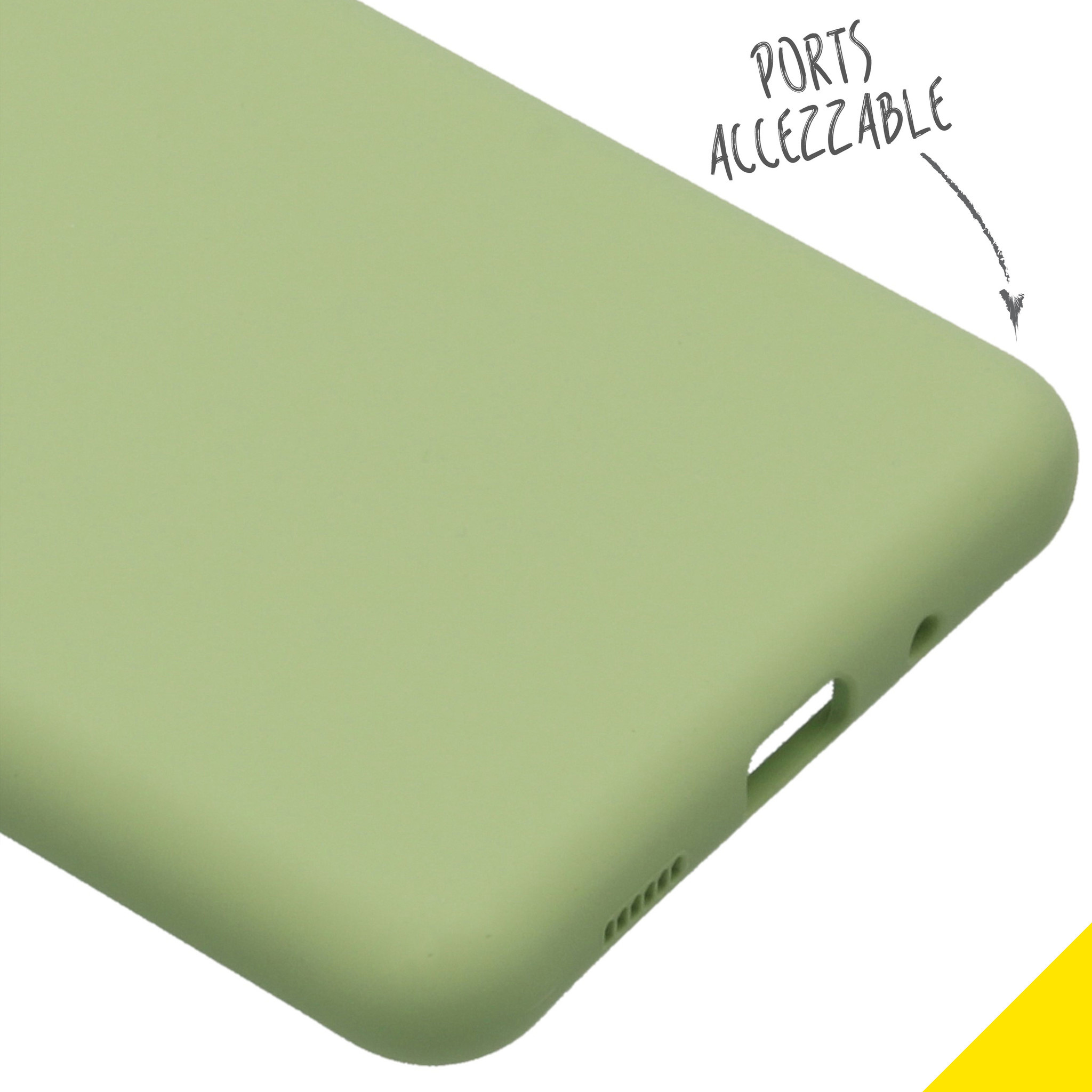 Telefoonhoesje, lichtgroen. De hoes heeft uitsparingen voor de poorten. Het ontwerp is eenvoudig.