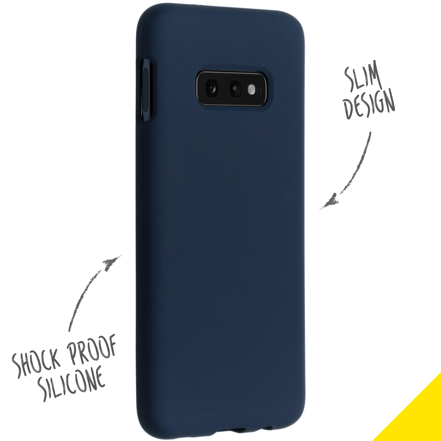 Blauwe telefoonhoes met slank ontwerp en schokbestendige siliconen. Pijlen wijzen naar de kenmerken.