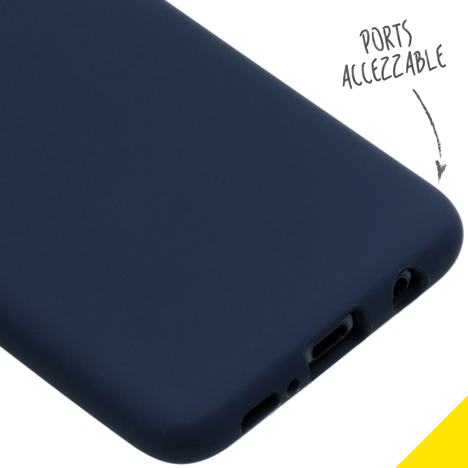 Close-up van een marineblauwe telefoonhoes. Tekst geeft aan dat poorten toegankelijk zijn.