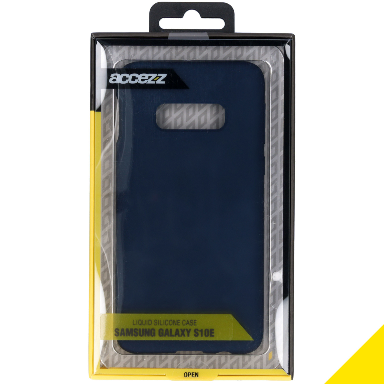 Marineblauwe telefoonhoes in een doos. Label: Liquid Silicone Case voor Samsung Galaxy S10E.