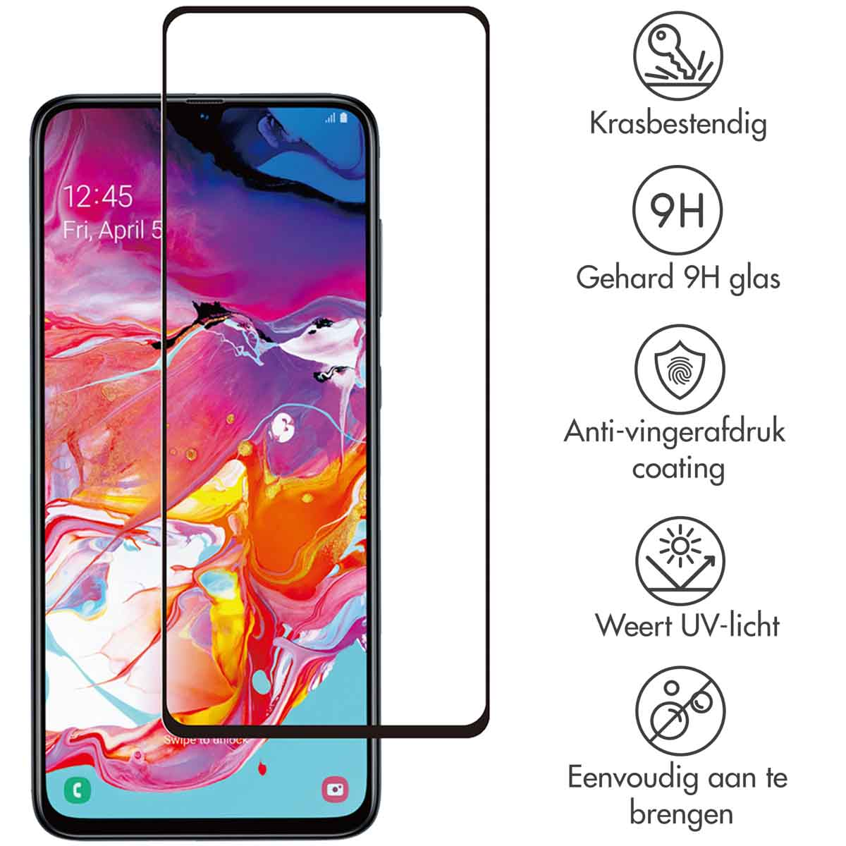 Phone with screen protector. The screen protector is scratch resistant. The phone is on a table.