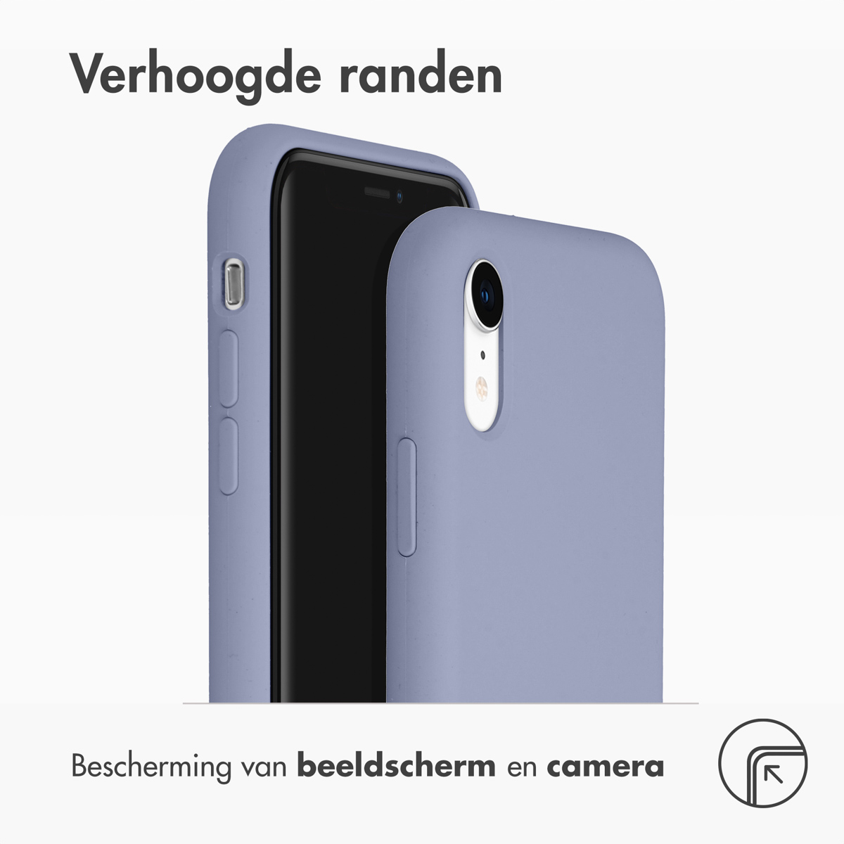 Coque de téléphone violette avec bords surélevés, montrant la protection écran et caméra.