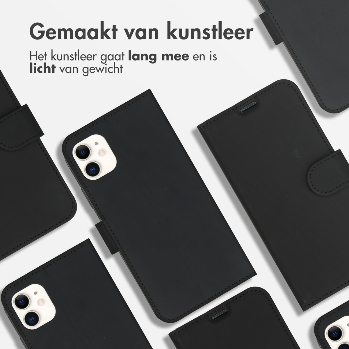 Étuis de téléphone noirs avec un téléphone blanc. Le texte dit 'Fabriqué en simili cuir'.