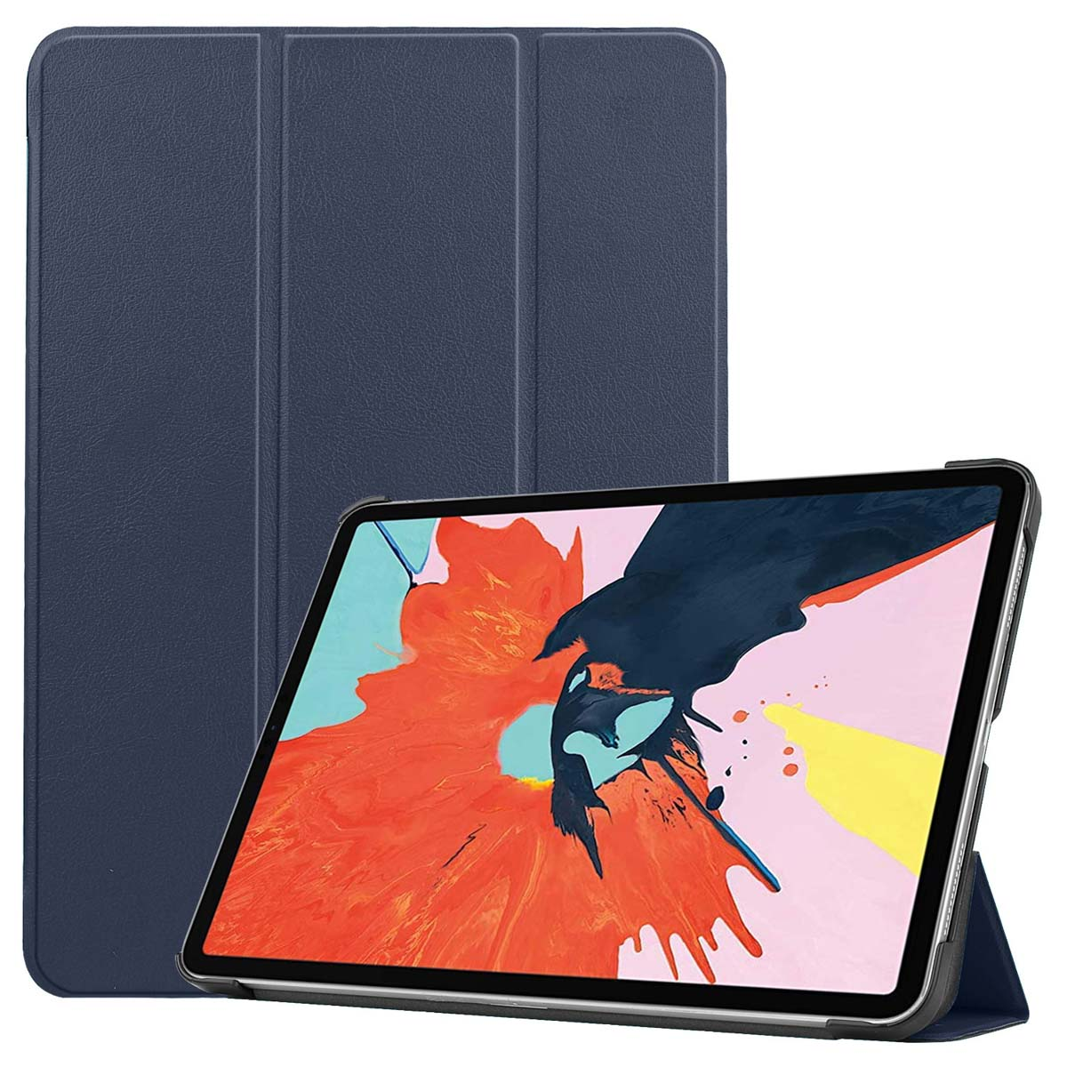 Blaue Tablet-Hülle, offen, mit einem Tablet darin. Zusätzliche Hülle im Hintergrund.
