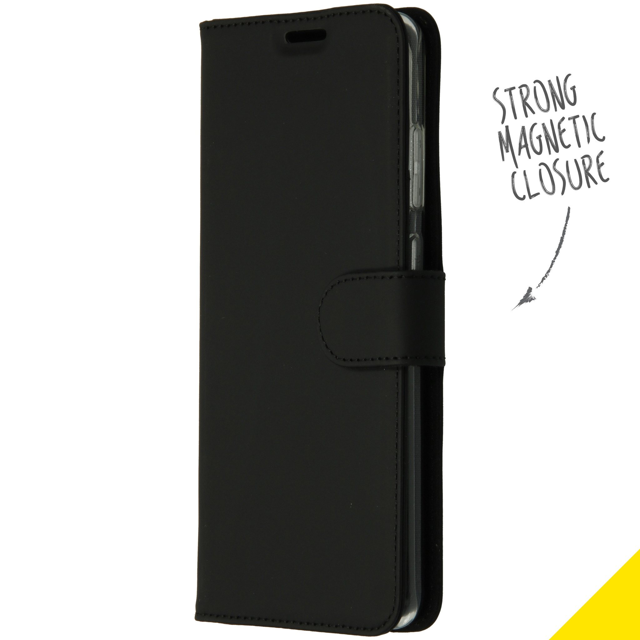 Zwarte telefoonhoes met een sterke magnetische sluiting. De hoes heeft een eenvoudig ontwerp.