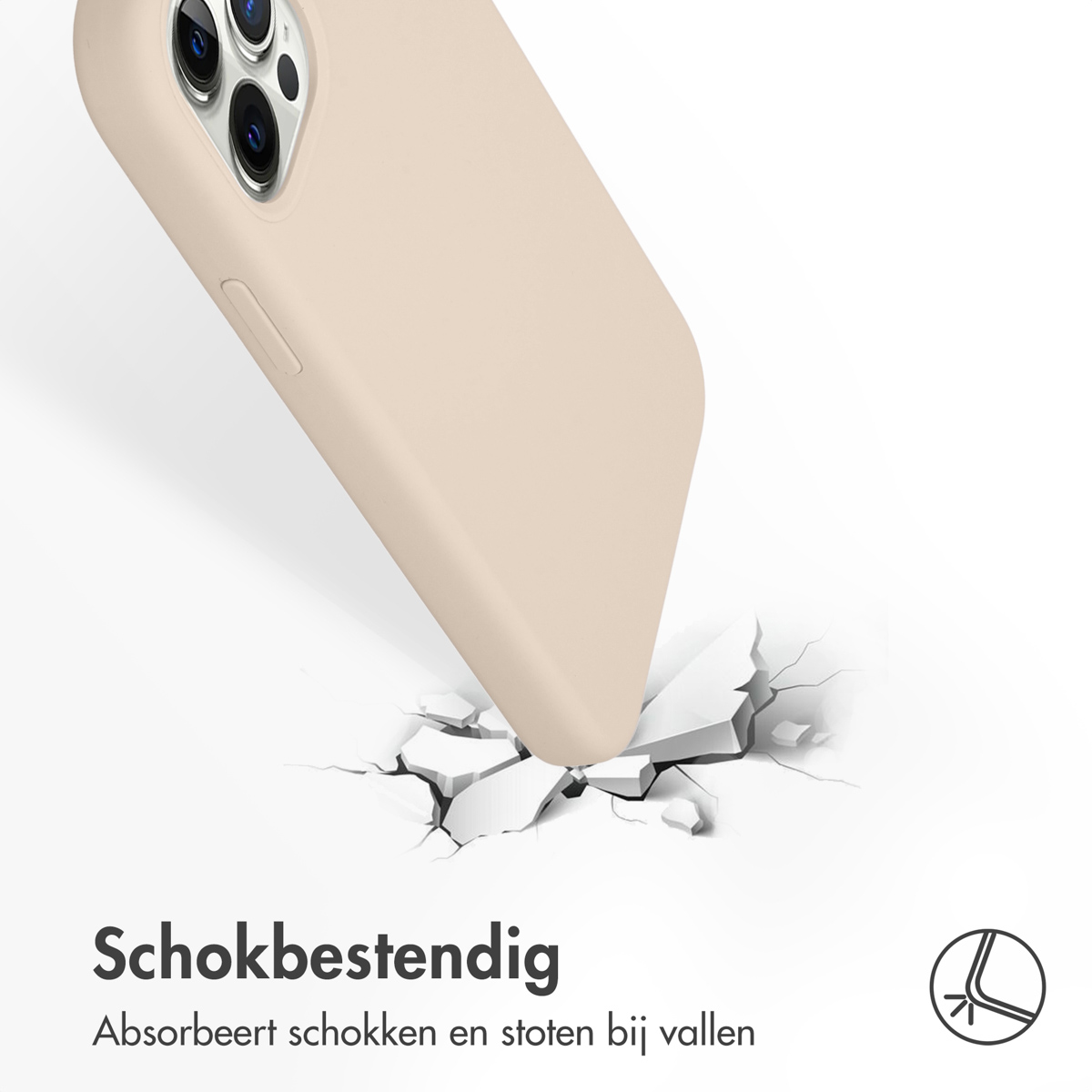 Coque de téléphone beige sur fond blanc. Coque inclinée lors de l'impact avec une surface blanche fissurée.