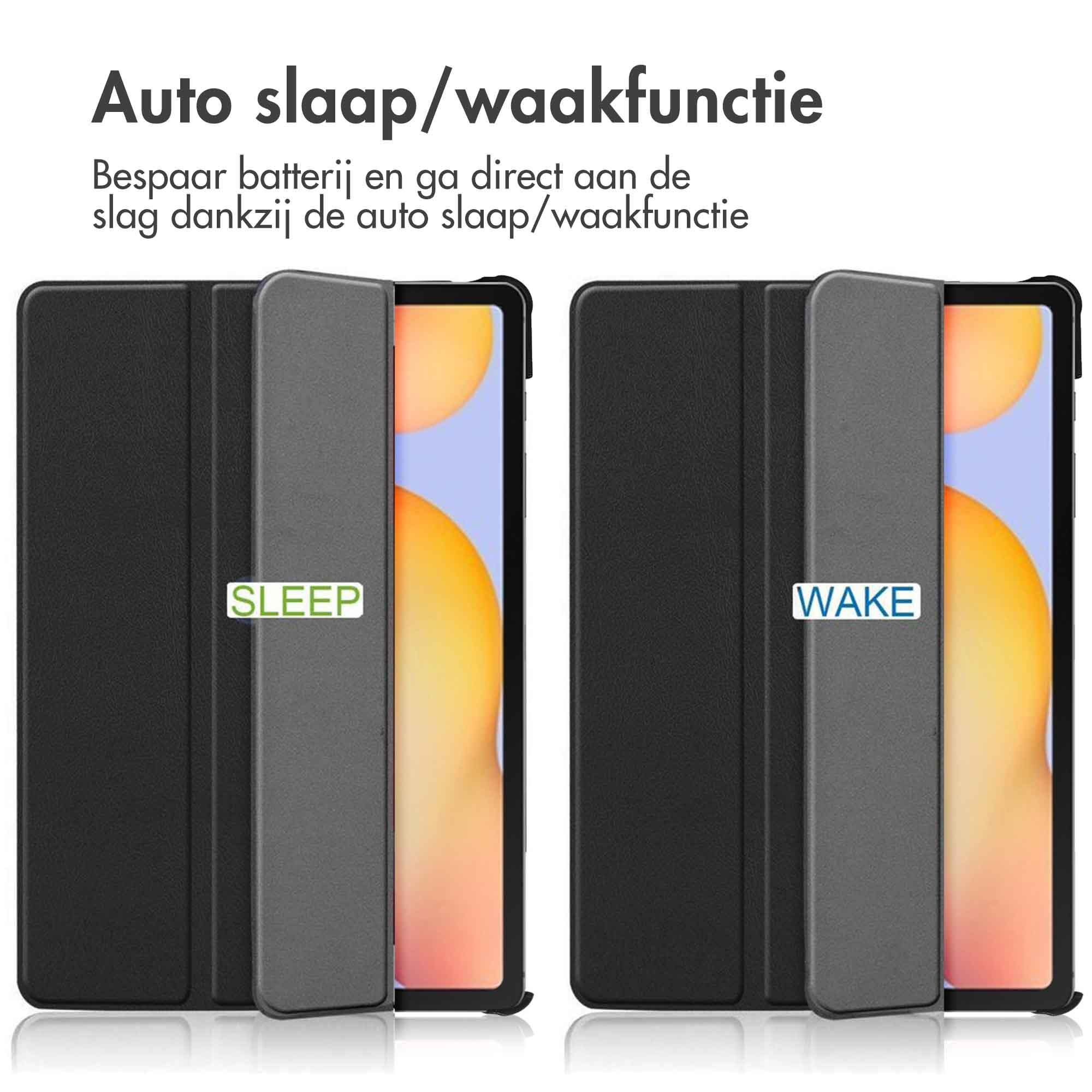 Tablethoezen die de slaap/wake-functie tonen. De linkerhoes zegt SLEEP, de rechter WAKE.