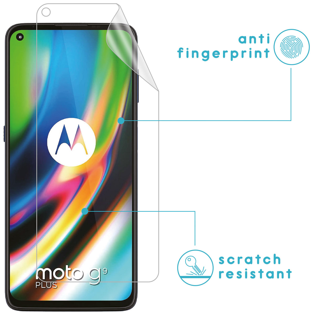 Phone with screen protector applied. Shows anti-fingerprint and scratch-resistant features.