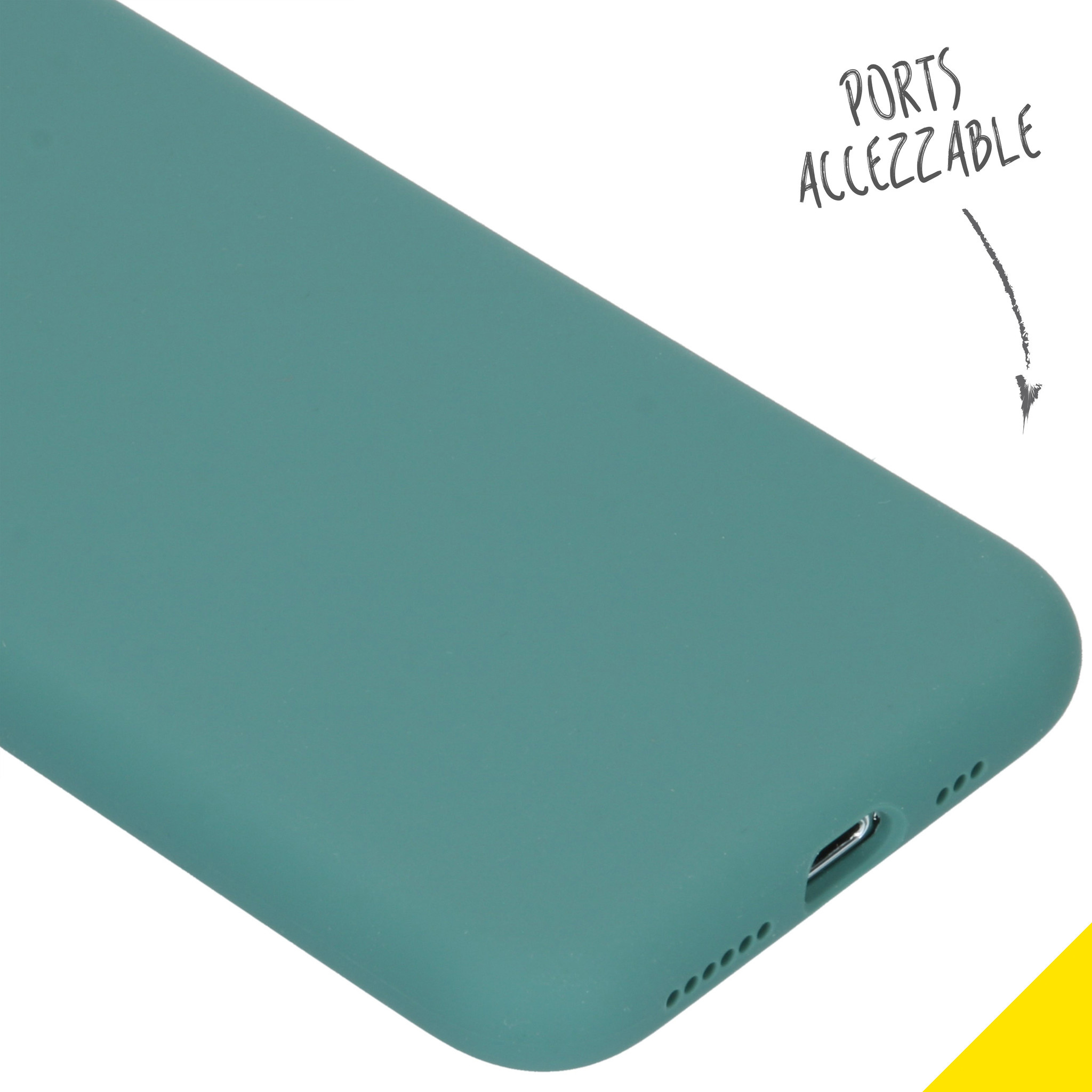 Groene telefoonhoes. Toont dat poorten toegankelijk zijn. Pijl en tekst wijzen op toegang.