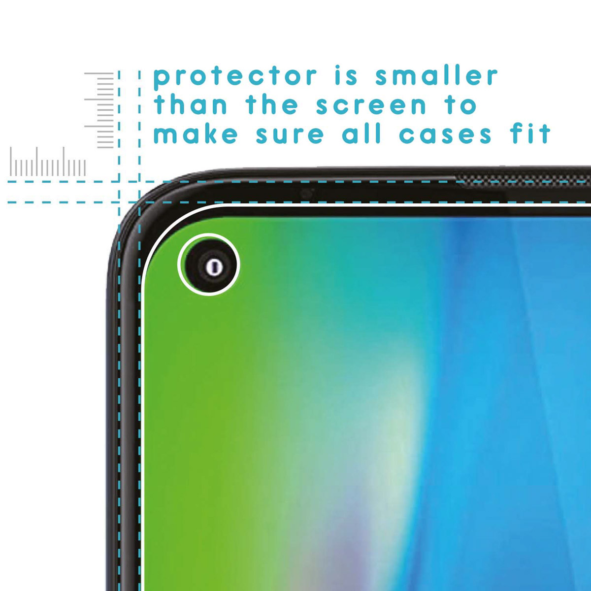 Phone screen protector is smaller than the screen. The screen has a camera hole.