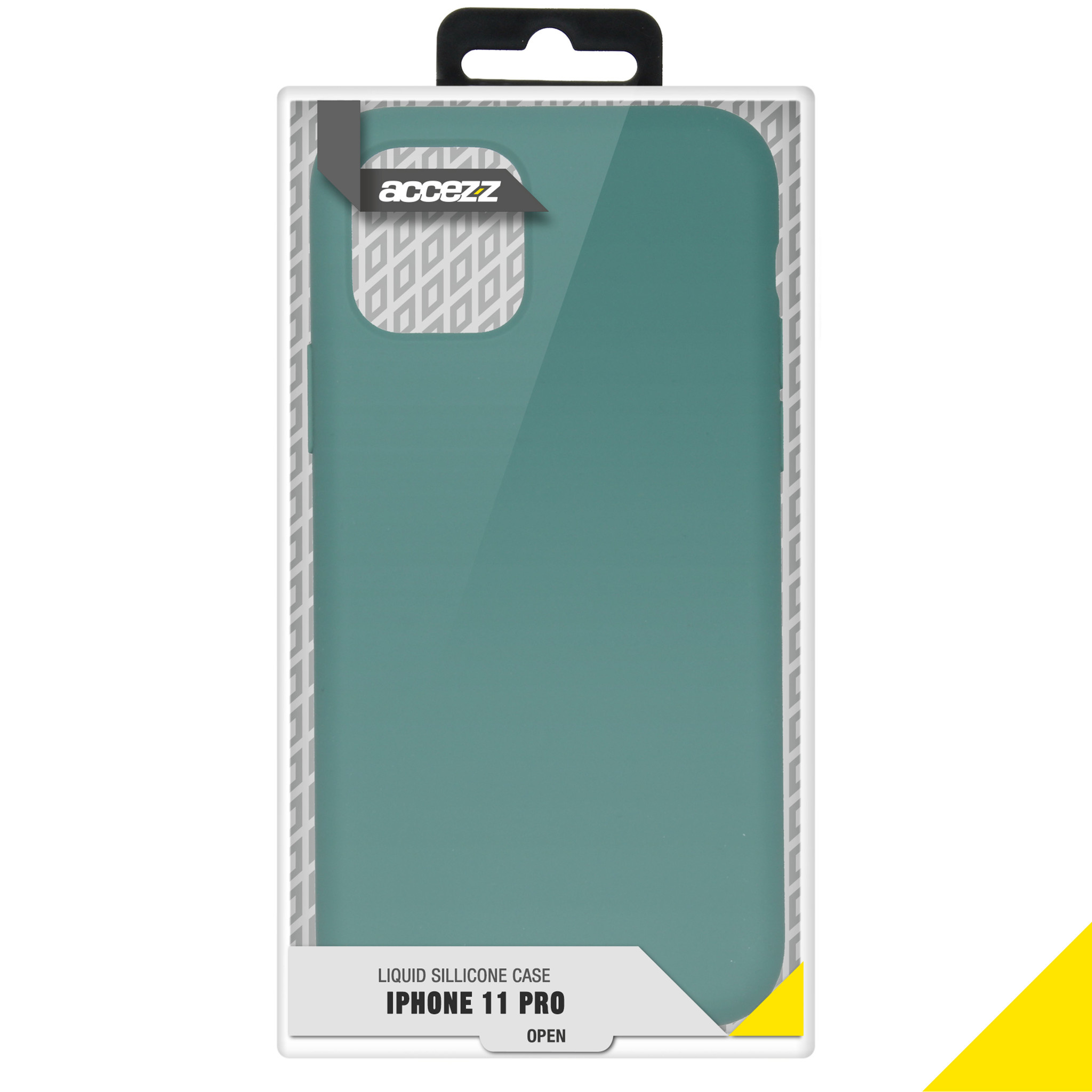 Een blauwgroen telefoonhoesje in een doos. De hoes is voor iPhone 11 Pro. De doos is wit.