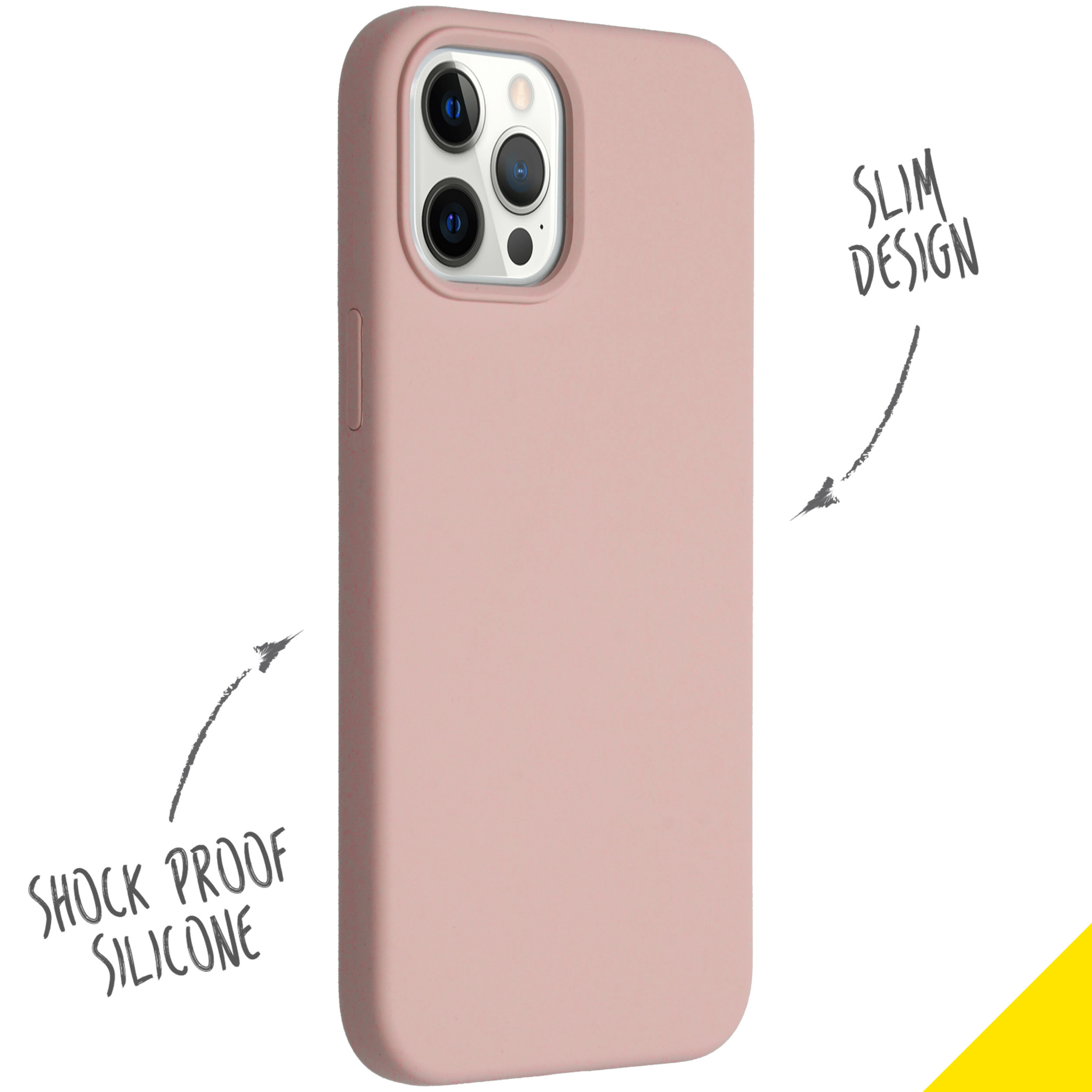 Coque de téléphone rose. Des flèches pointent vers « Silicone antichoc » et « Design fin ».