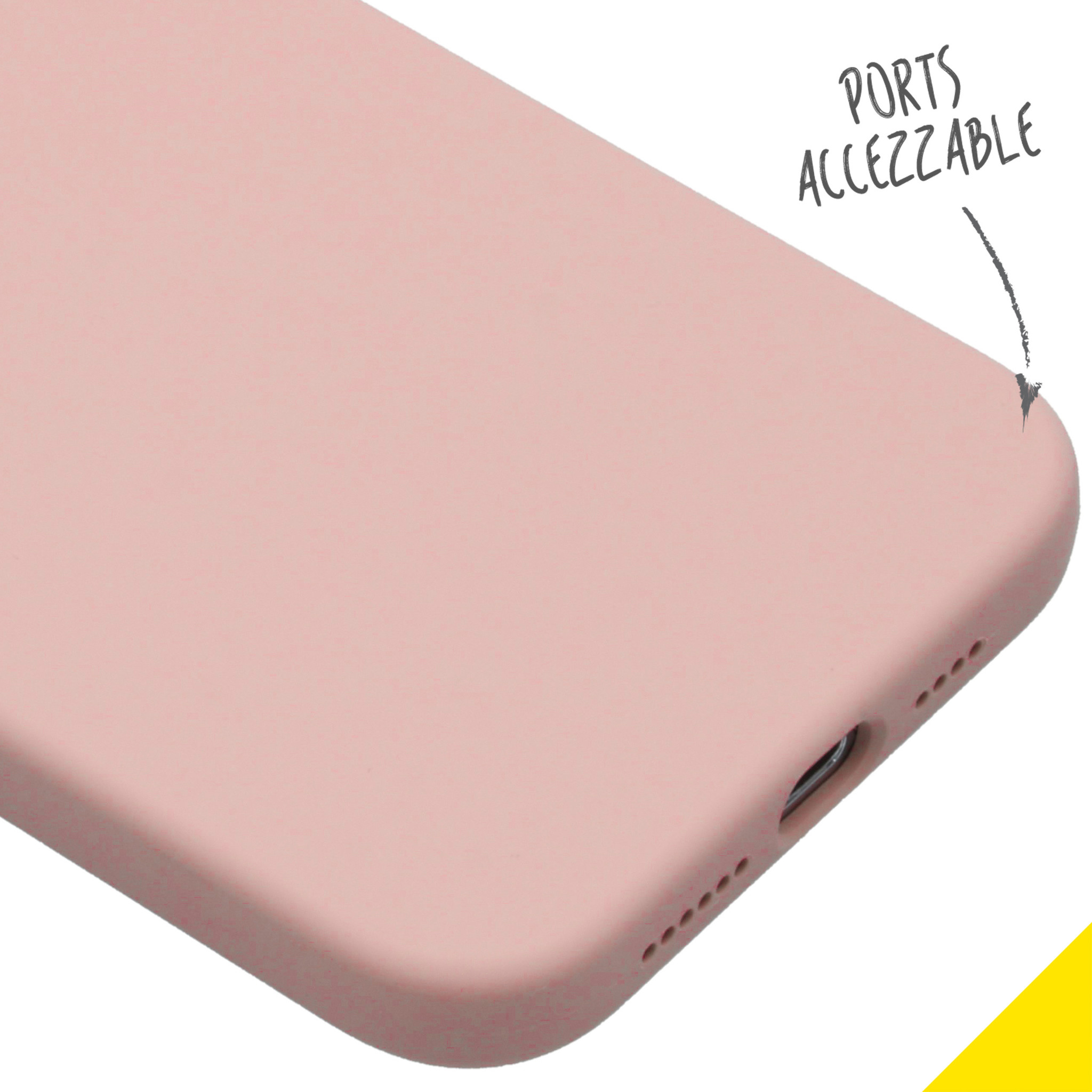 Gros plan sur une coque de téléphone rose pâle avec ports accessibles.