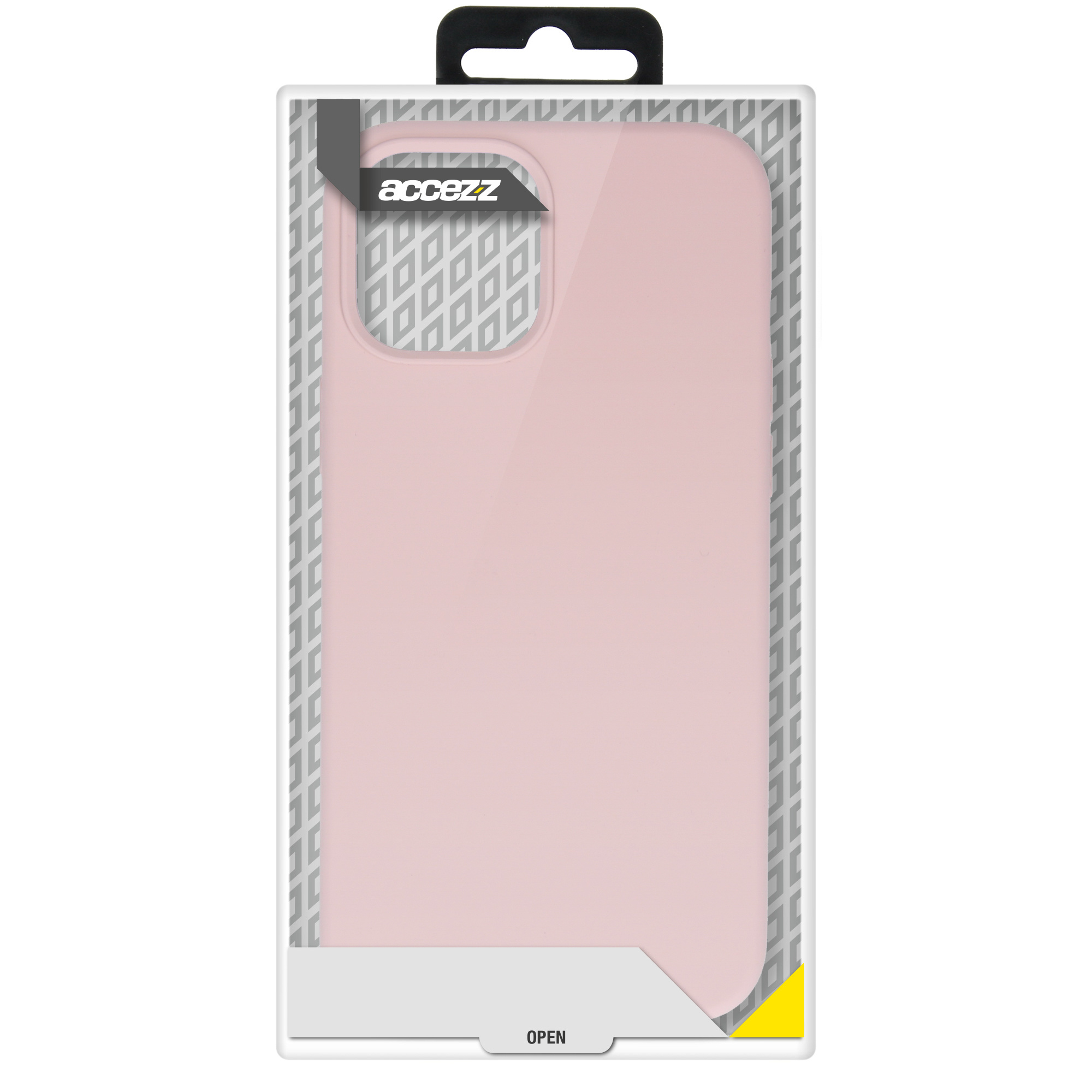 Coque de téléphone rose dans son emballage. L'emballage est blanc avec des bords gris.