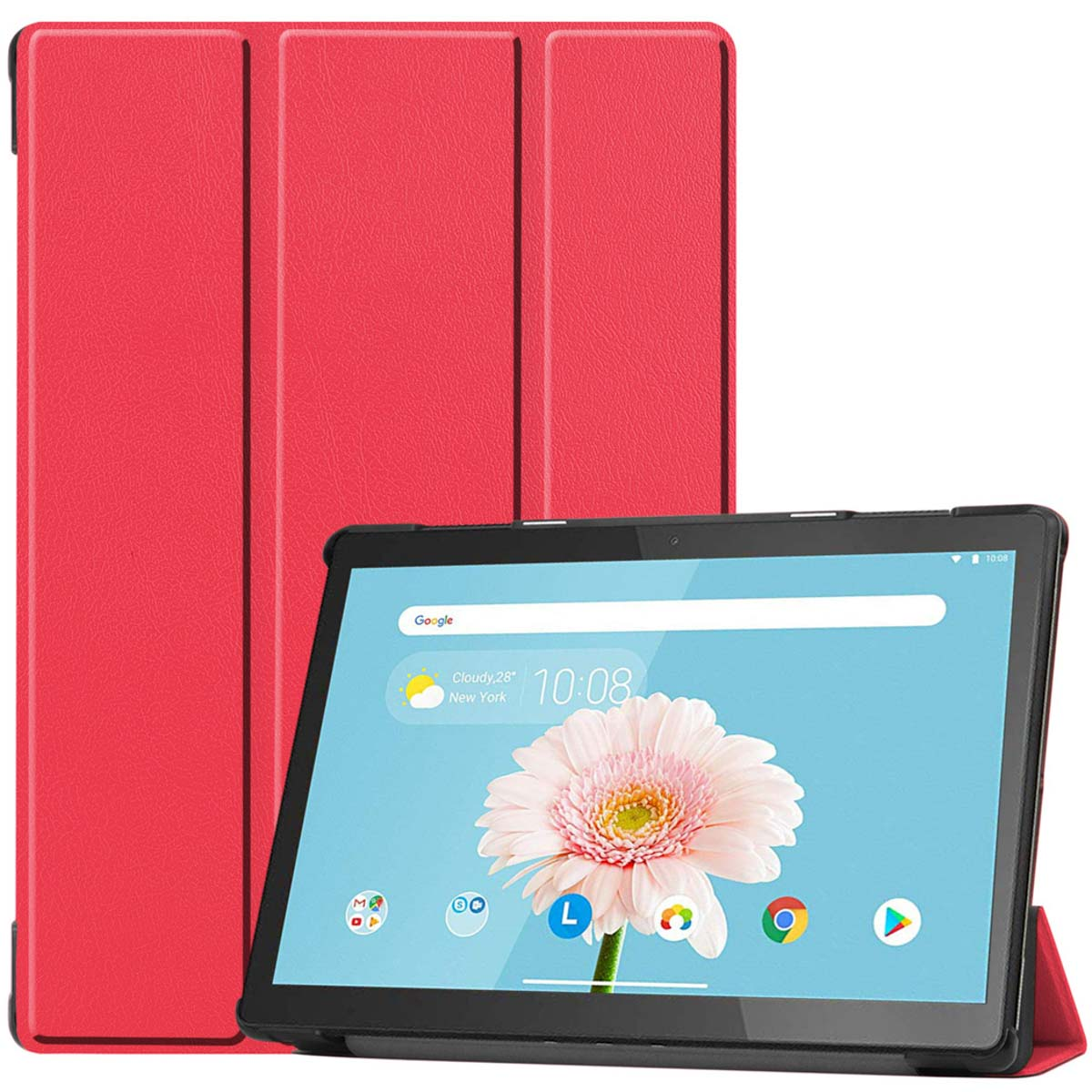 Red tablet case open with a tablet showing a flower image and the time.