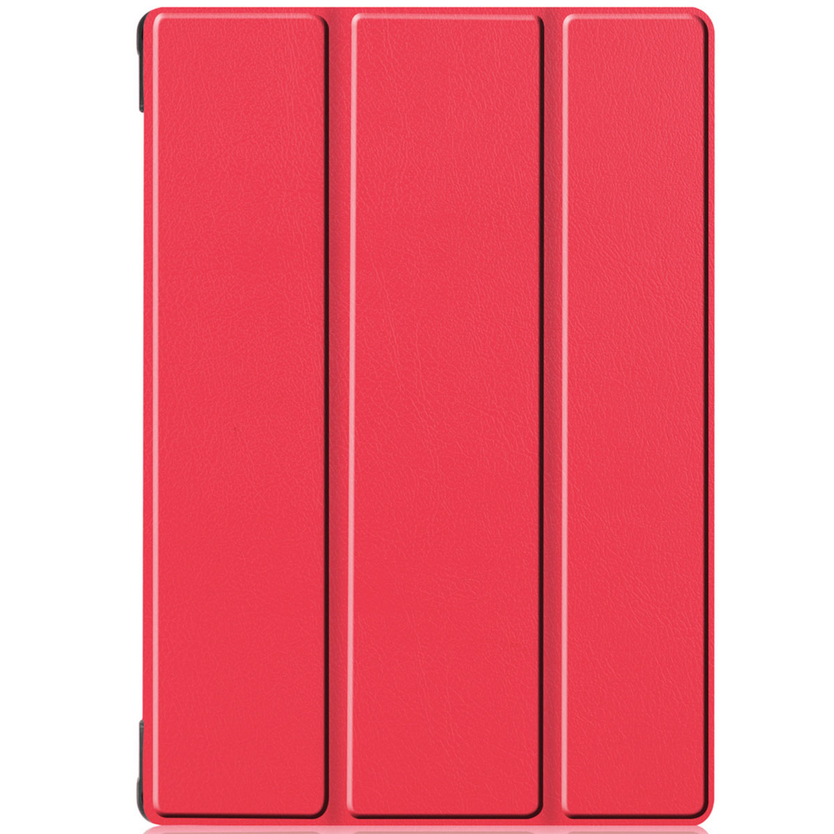 A red tablet case. The case is closed and has three panels.