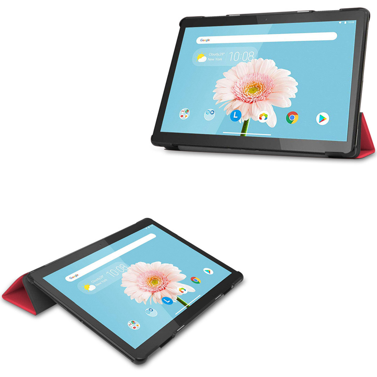 Two images of a tablet in a black case with a red folding cover, showing the tablet screen.