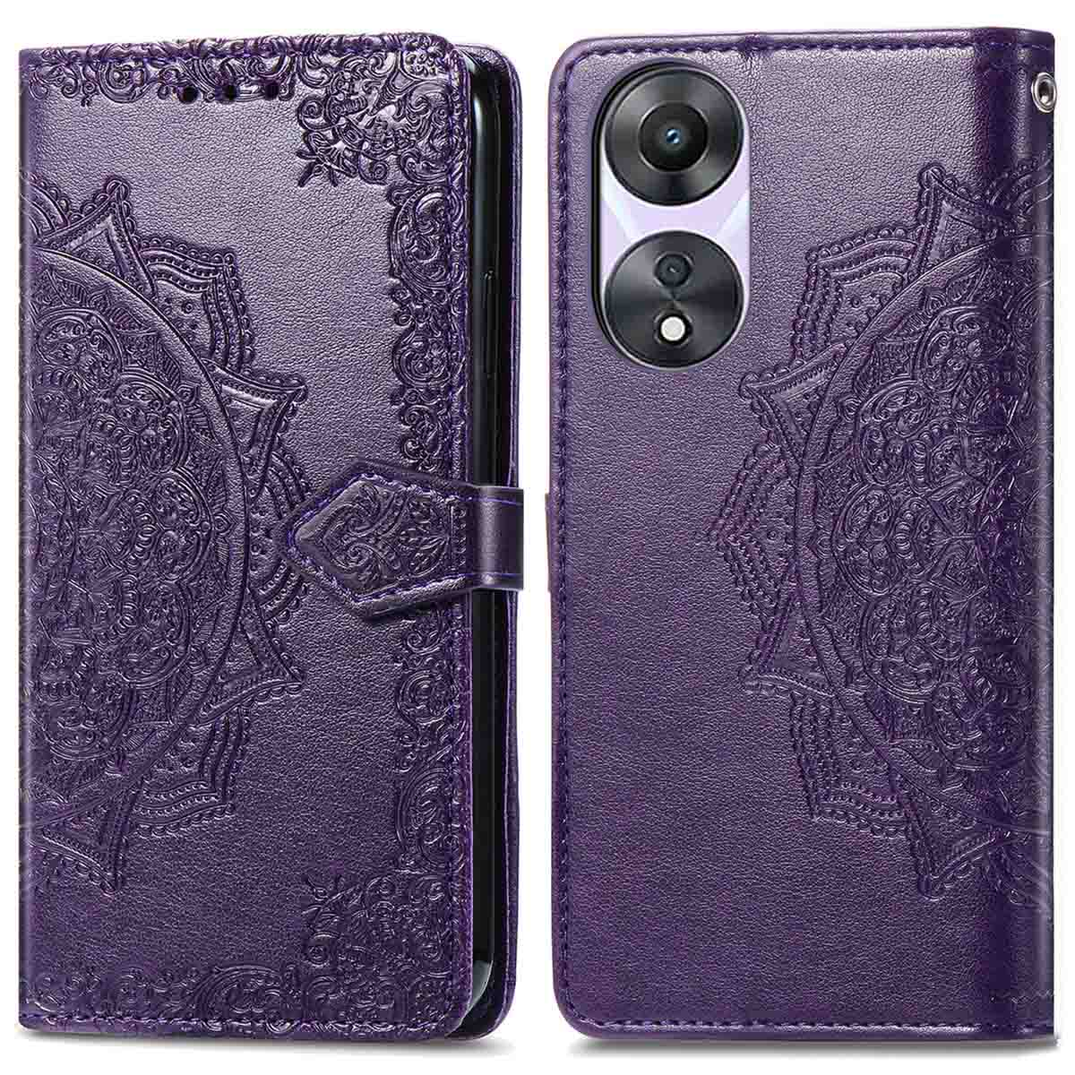 Étui de téléphone violet avec un motif mandala ouvert pour afficher le téléphone.