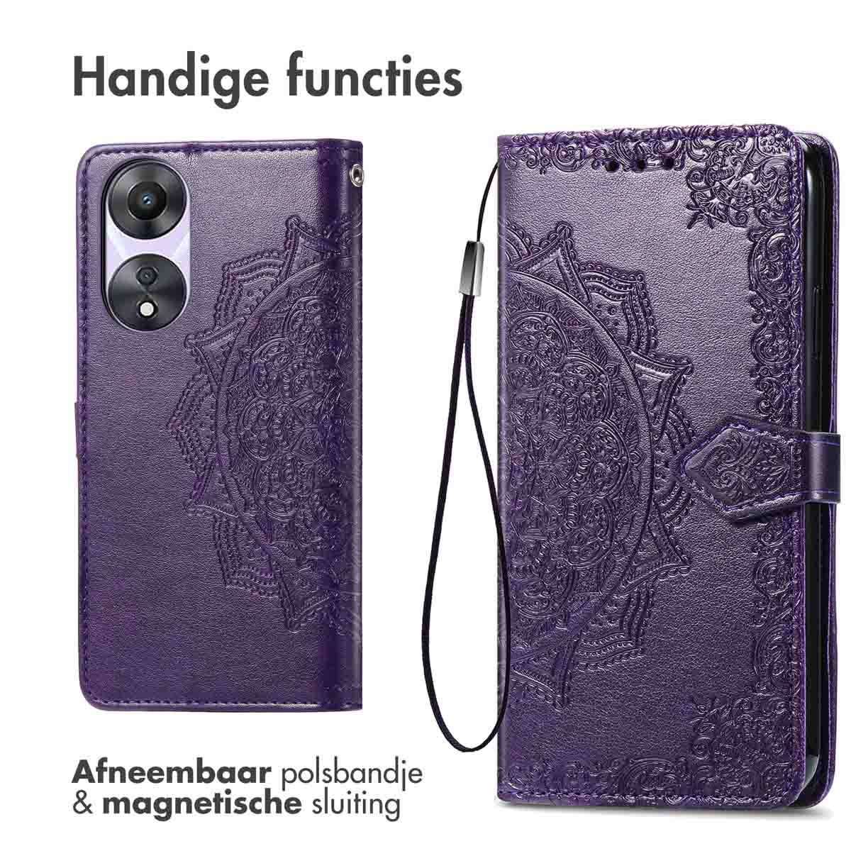 Coque de téléphone violette avec un motif mandala. Comprend une dragonne détachable et une fermeture magnétique.