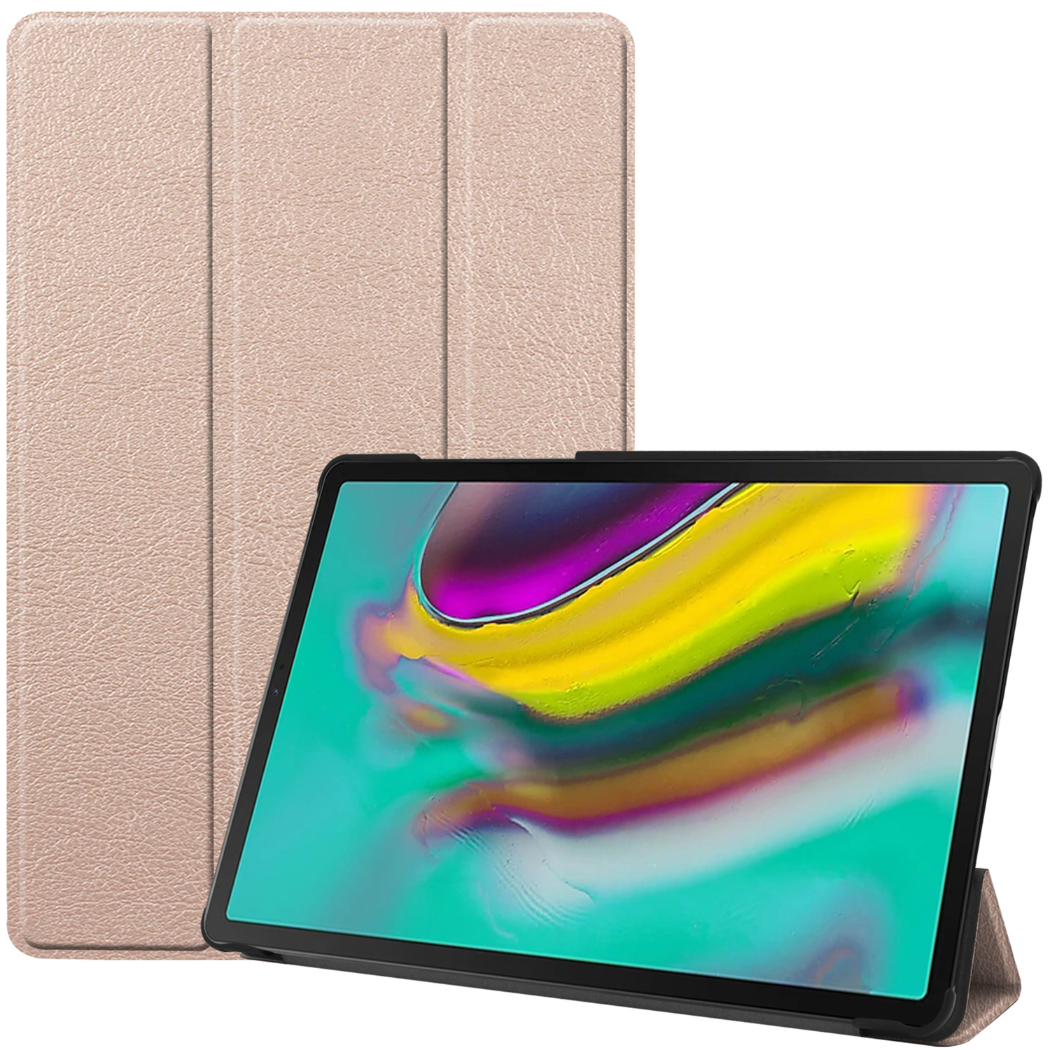 Tablet in een hoes. De hoes is roze. Tablet heeft een kleurrijk scherm. De hoes is open.