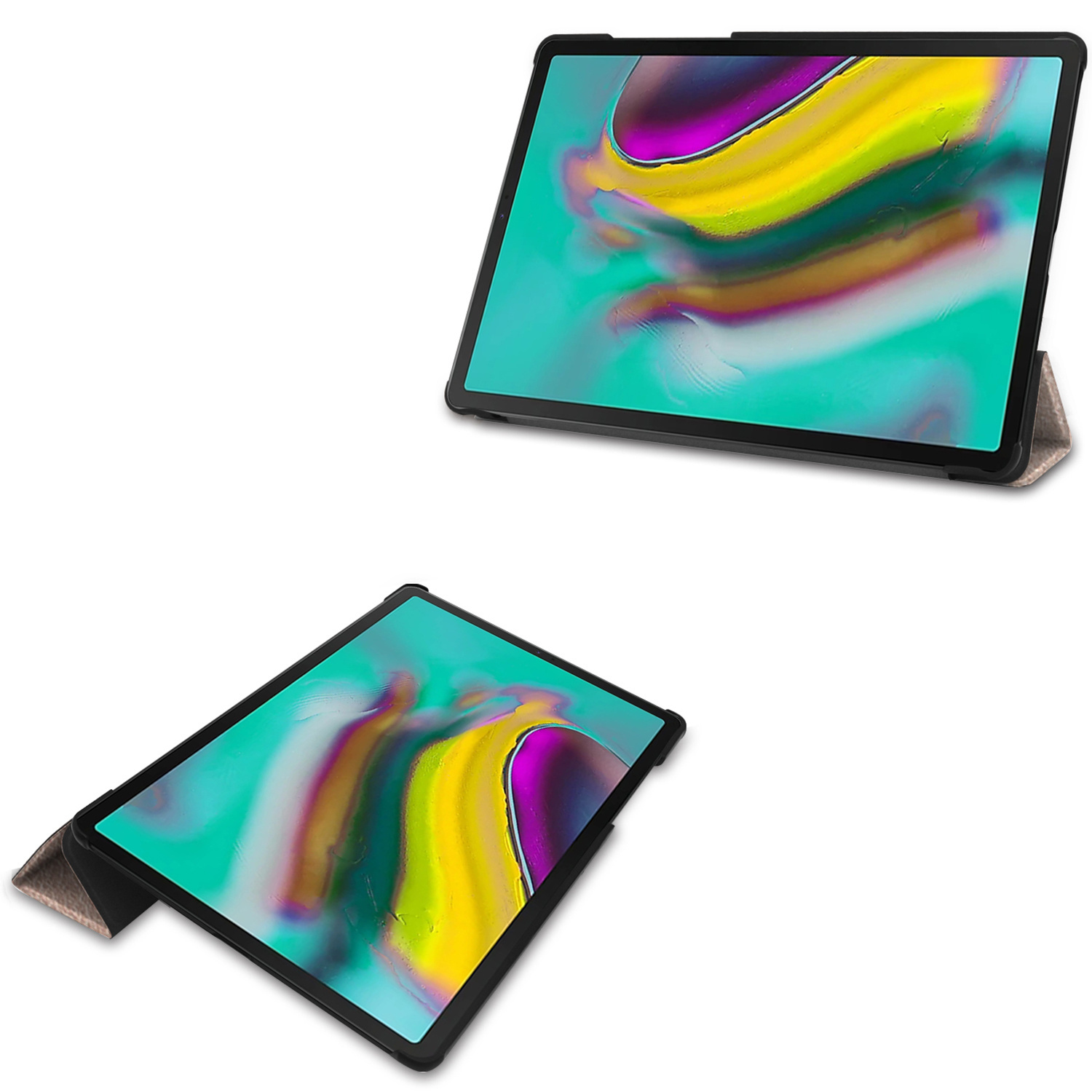 Twee tablets met een zwarte hoes. De tabletschermen tonen kleurrijke kunst.